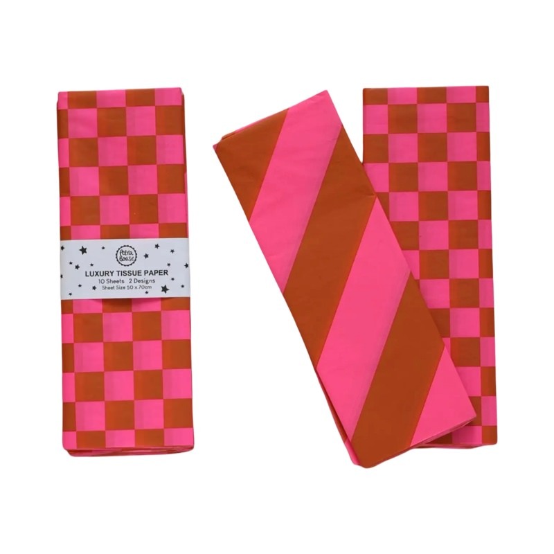 A pack of ten sheets of luxury tissue paper with checked and diagonal striped patterns in red and pink. 
