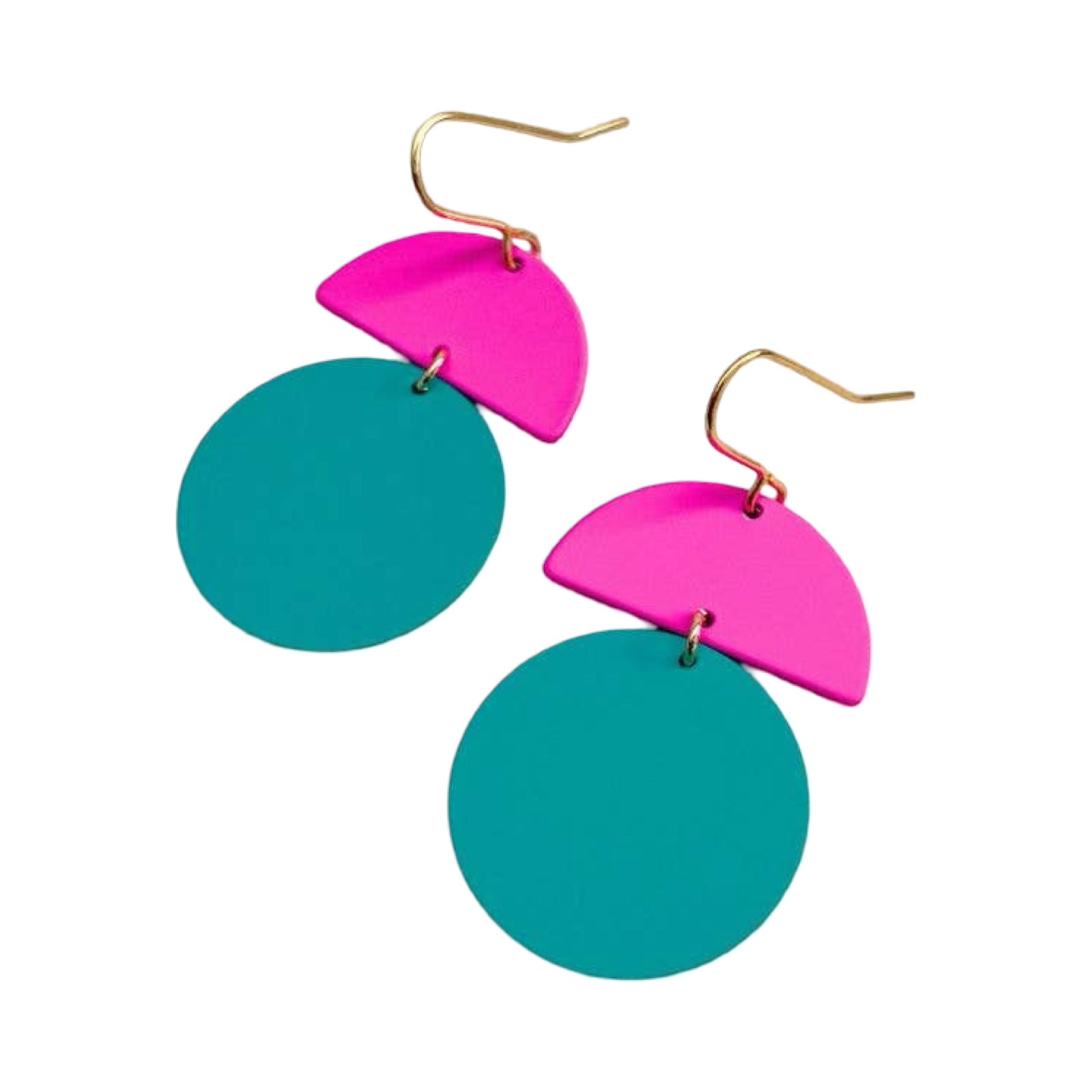 Colorful earrings with pink and blue circular designs on a white background.