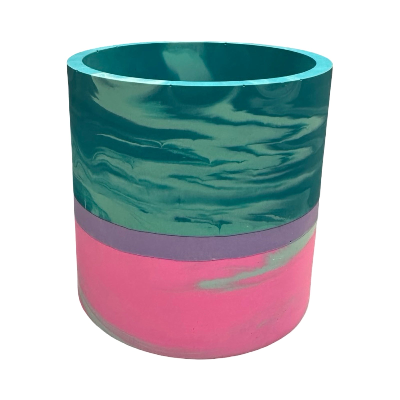 Colorful cylindrical planter with two-tone design on a white background.