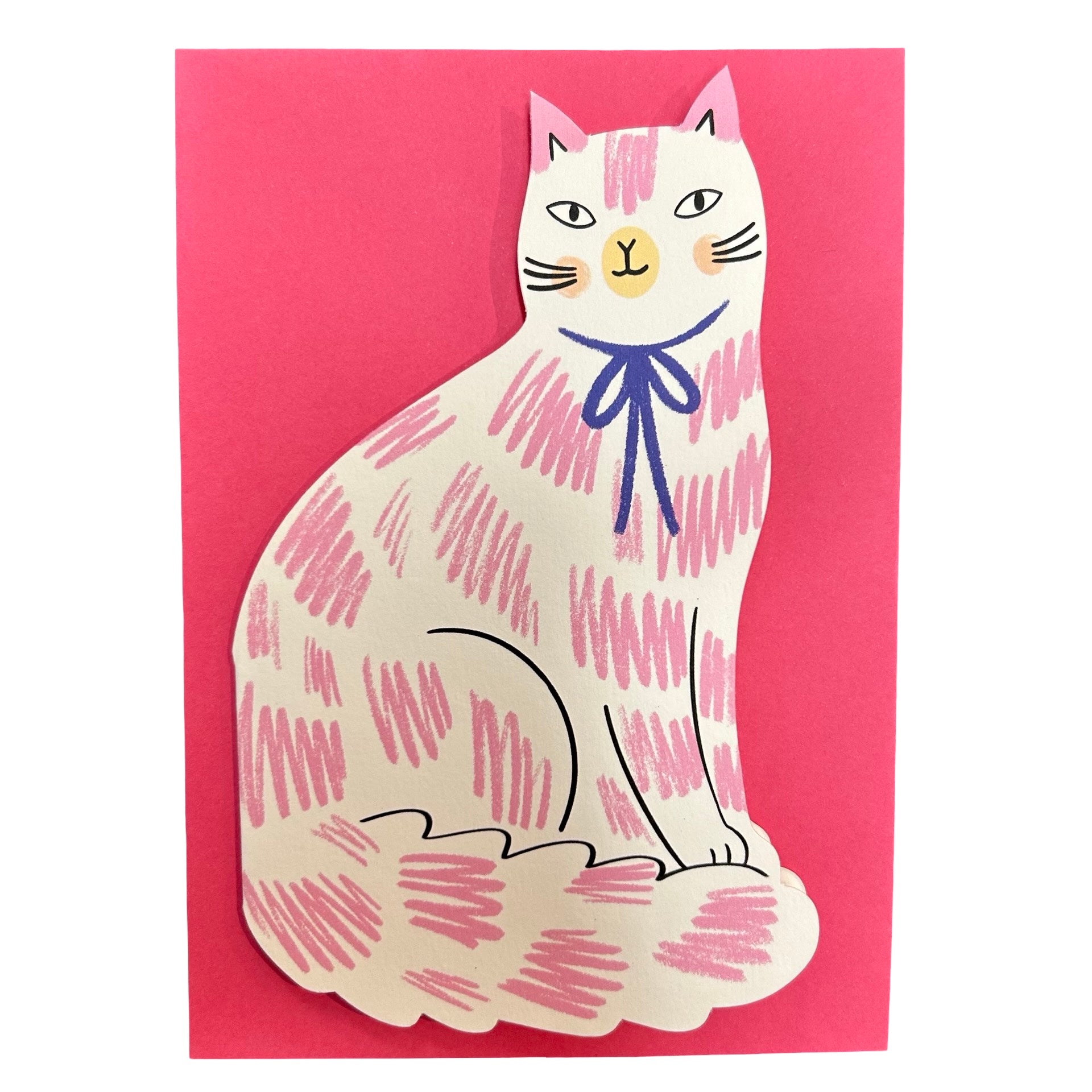 Cat shaped card of a white card with pink markings and a blue collar, blank inside
