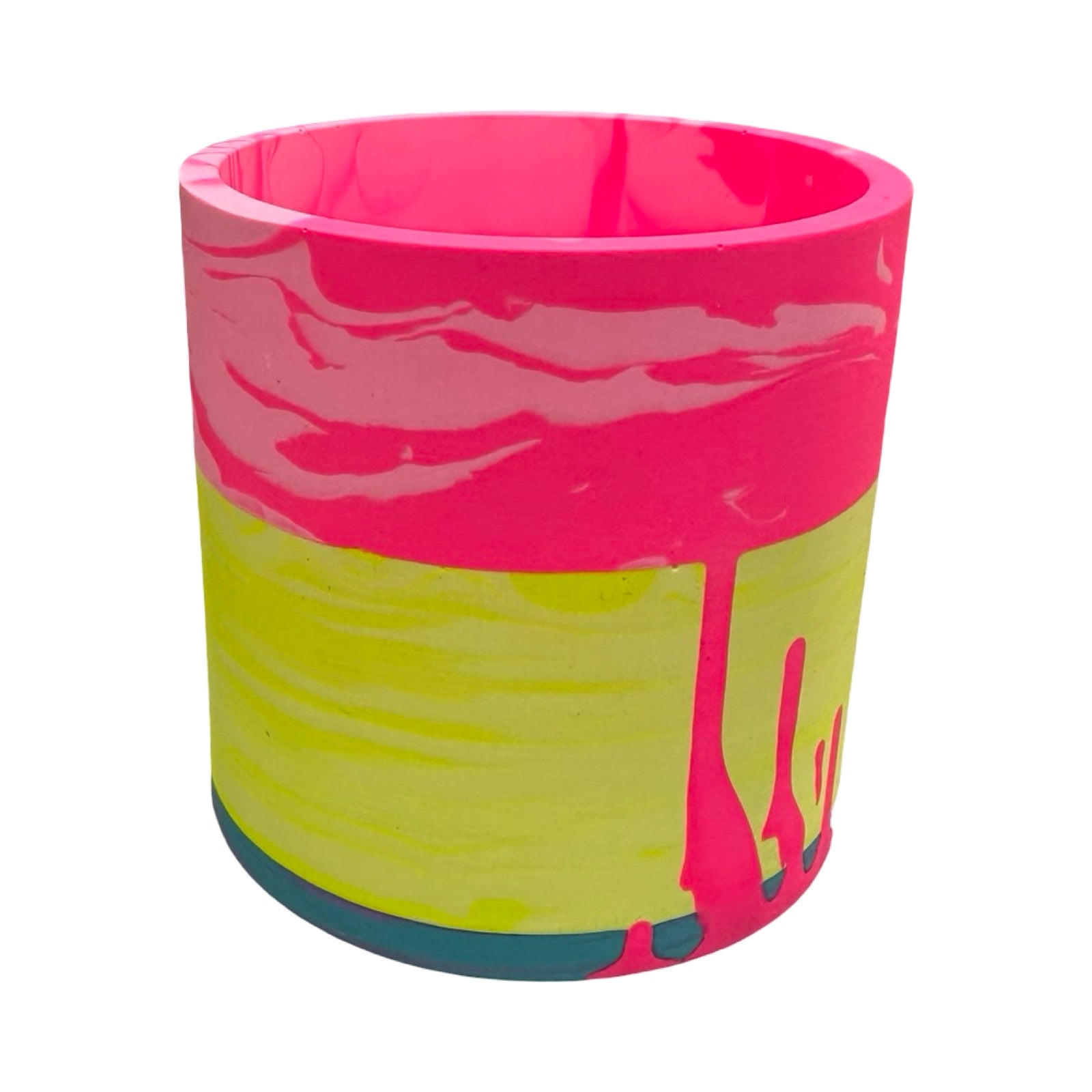 Colorful planter with pink and yellow design on a white background.