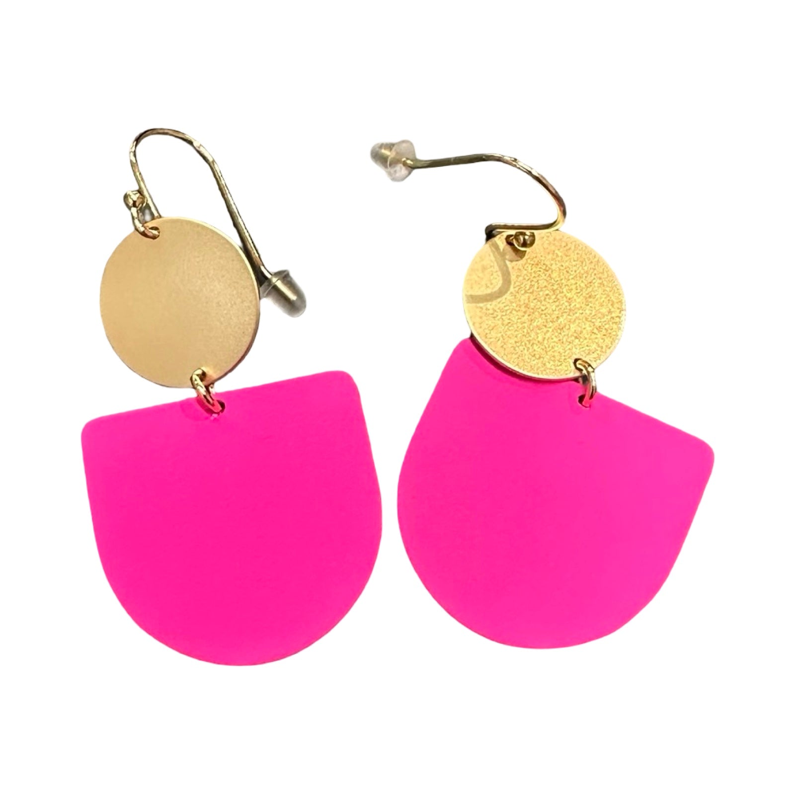 Pair of earrings with gold circular tops and pink on a white background.