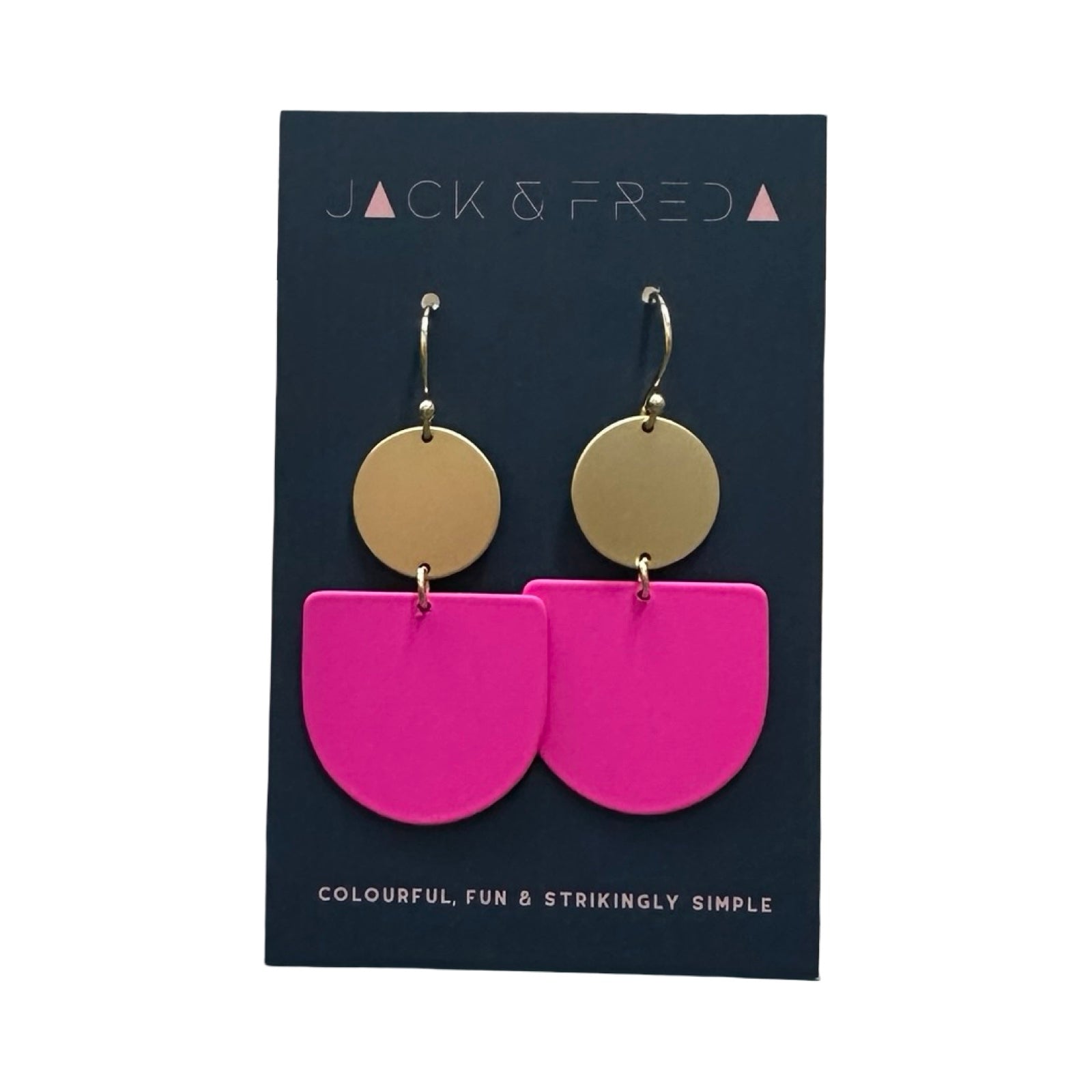 Pink and gold earrings on a Jack & Fred branded card.