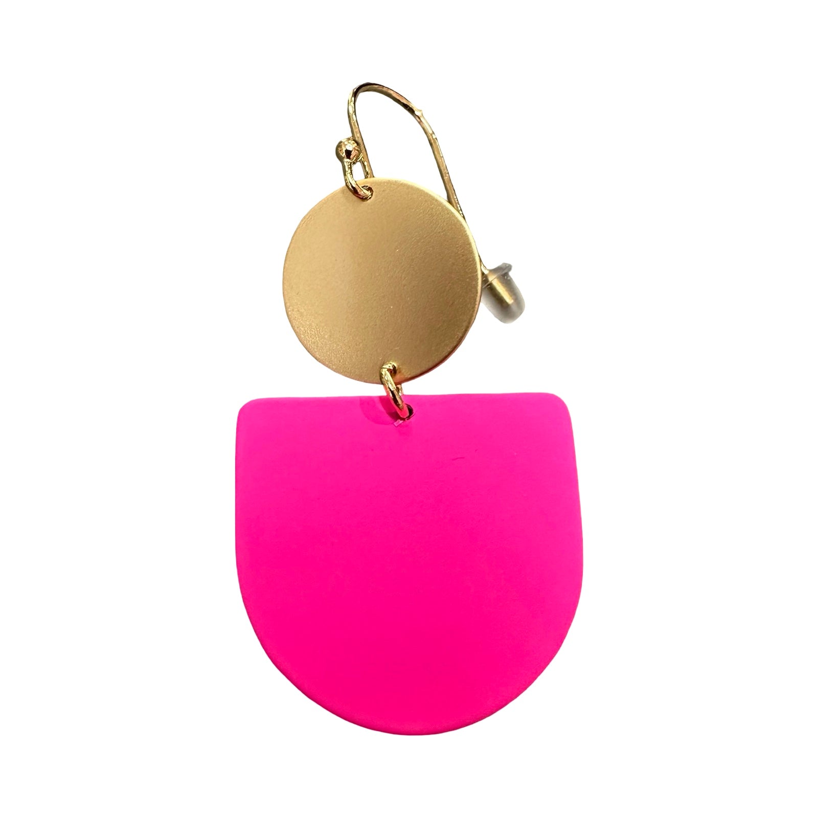 Gold and pink earring on a white background.