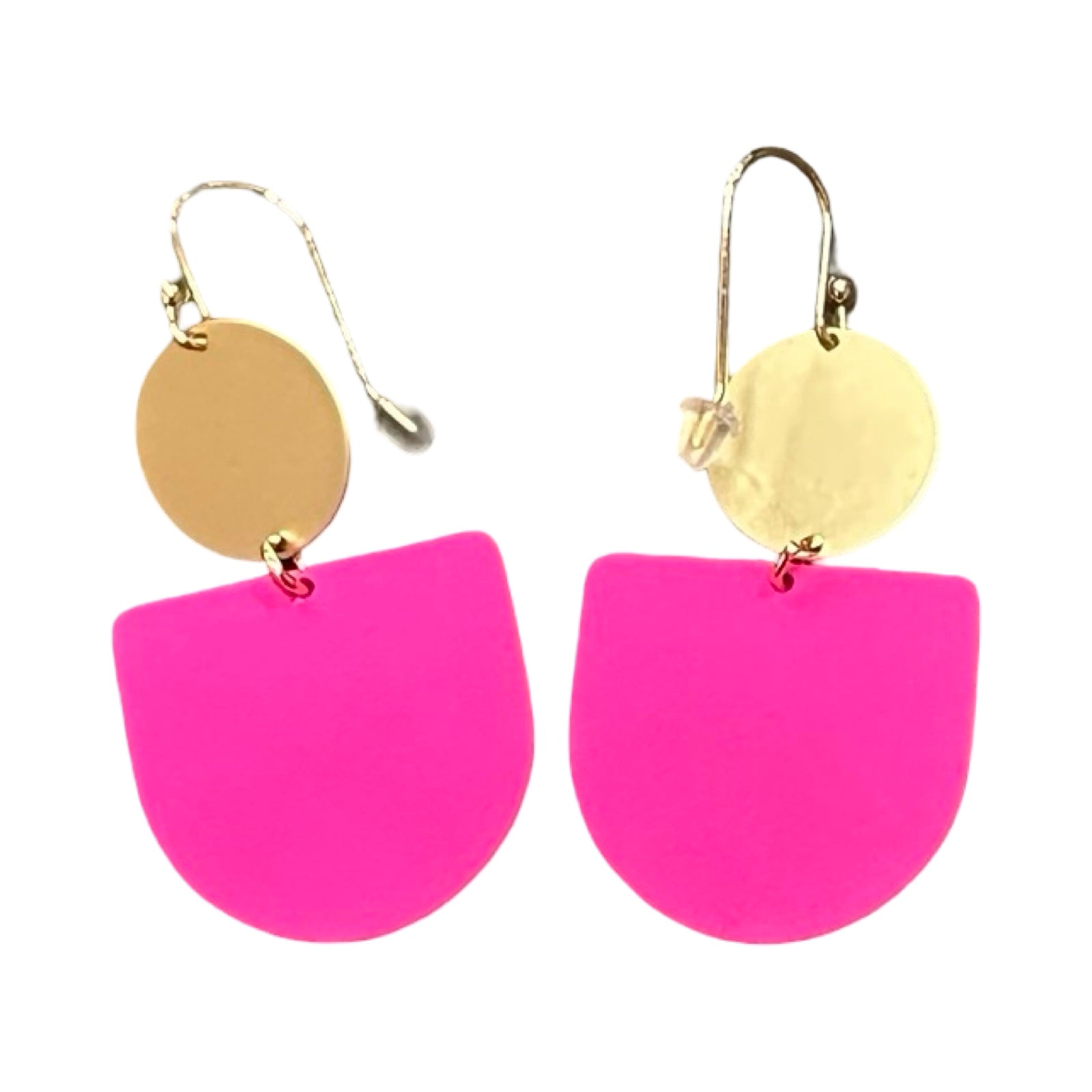Pair of earrings with gold and pink half-circle designs on a white background.
