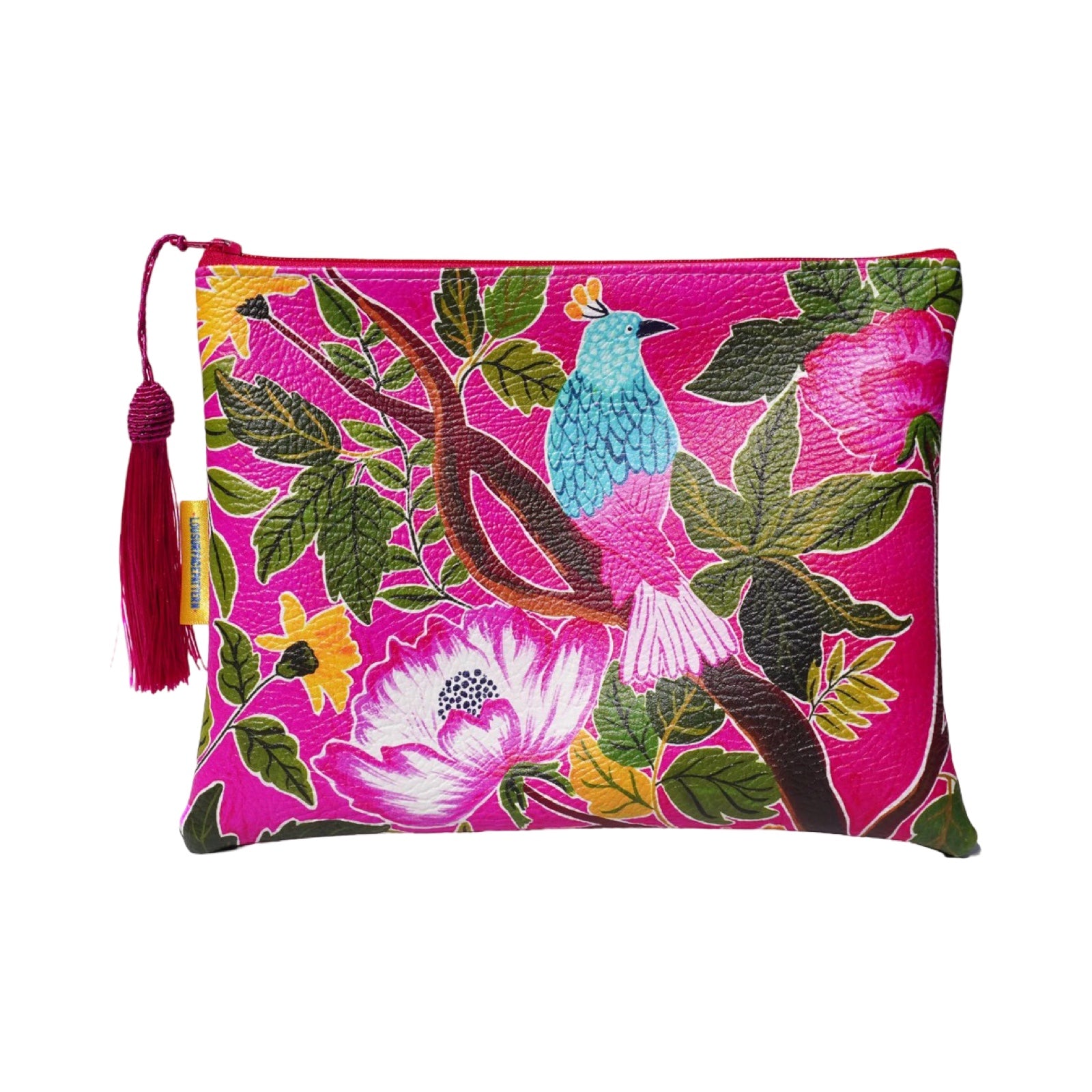Vegan leather bag with a blue and pink bird perched on a branch surrounded by tropical leaves, and the bag is finished with a fabulous matching tassel on the end of the zip. 