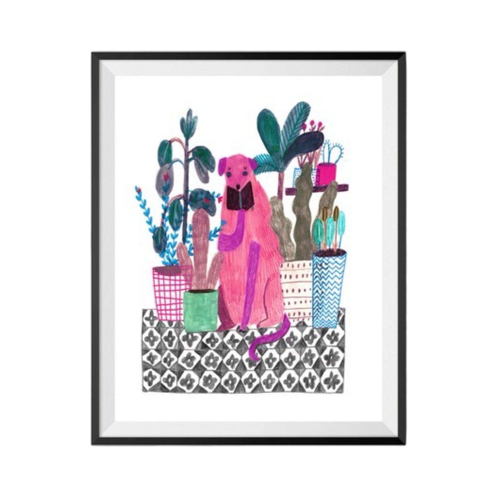 This art print features a gorgeous pink dog sitting between potted house plants on a black and white tiled floor.