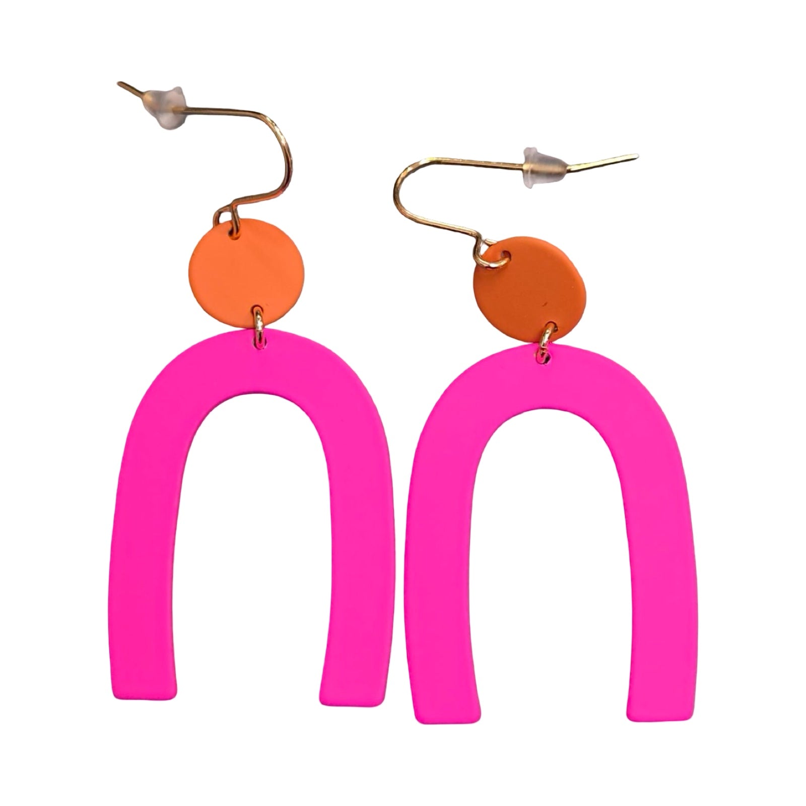 Pair of earrings with pink arch-shaped drops and orange circular tops on a white background.