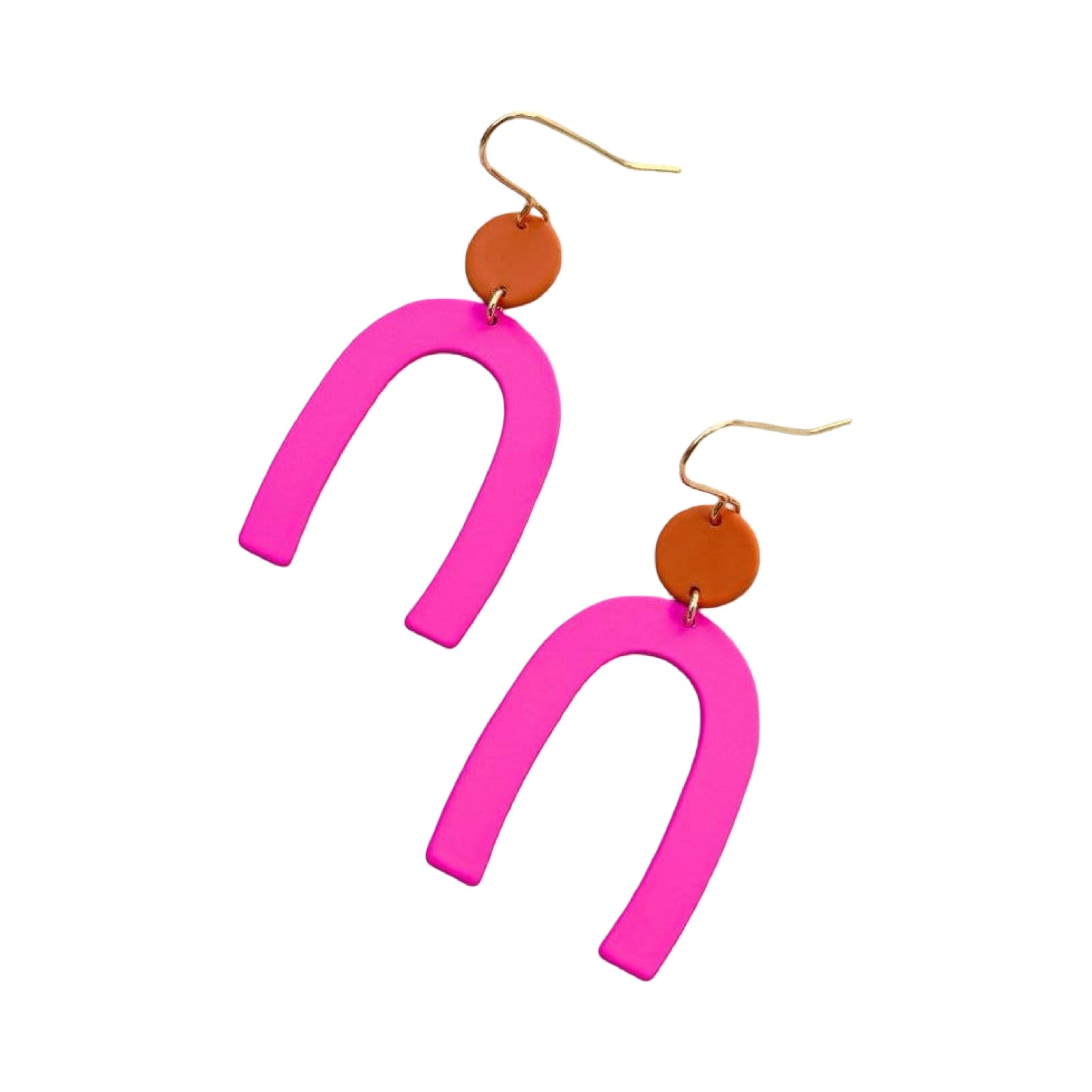Pink arch-shaped earrings with brown circular ends on a white background.