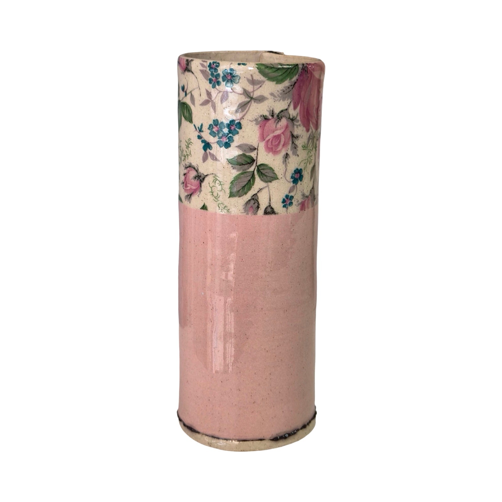 Cylindrical vase with floral pattern on a white background.