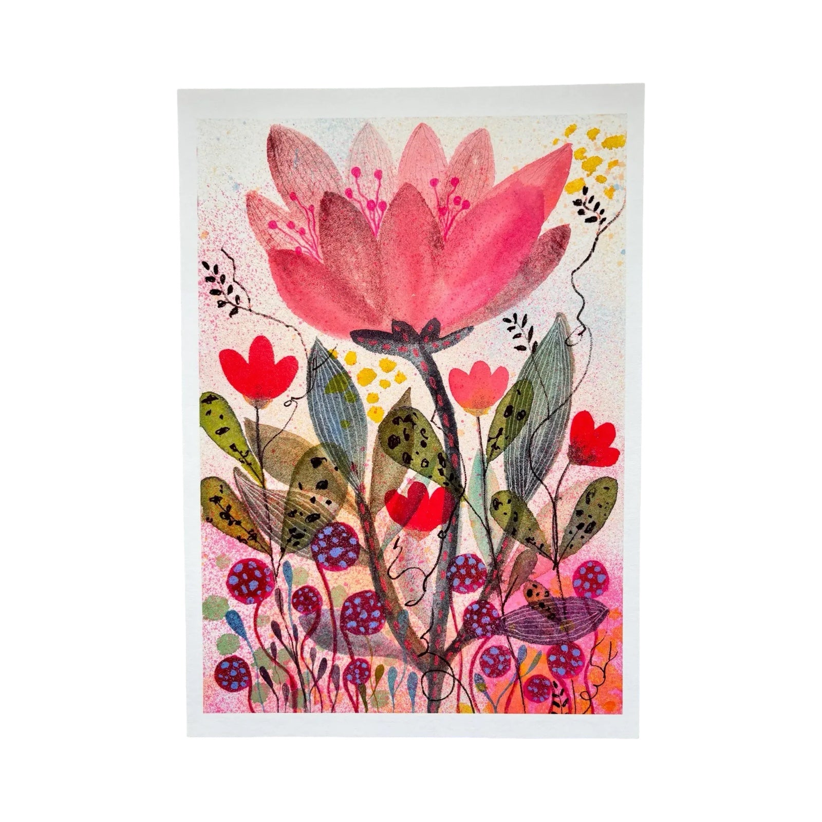 A vertical art print featuring a stylised watercolour floral design with a large pink flower, red tulips, green leaves, and small red-and-purple blossoms on a white paper background.