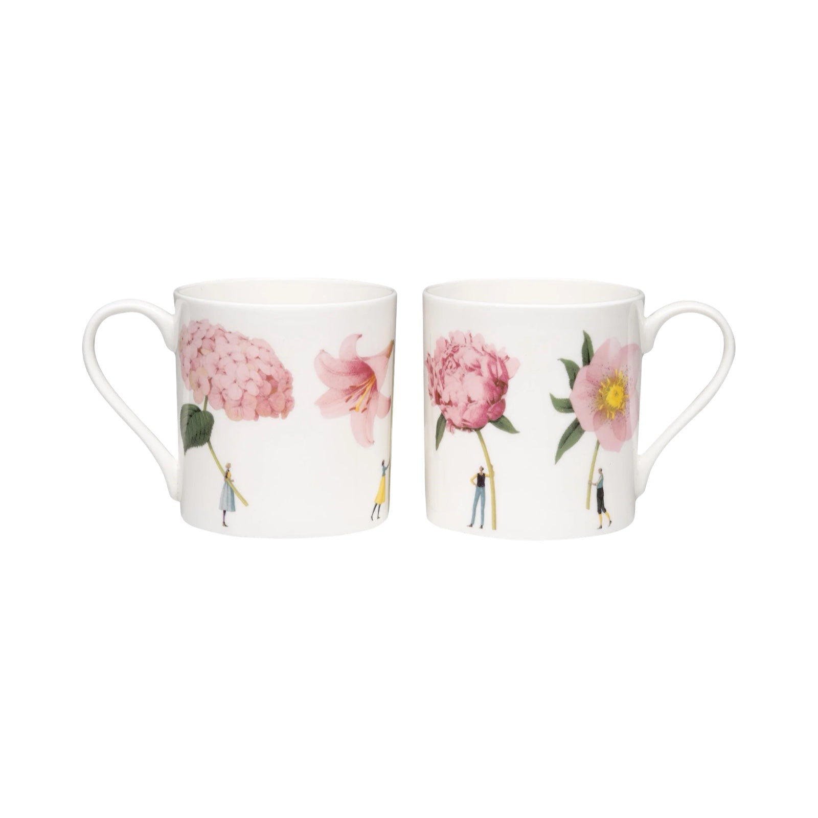 Fine bone china mug decorated with four illustrations of men and ladies holding giant colourful flowers.