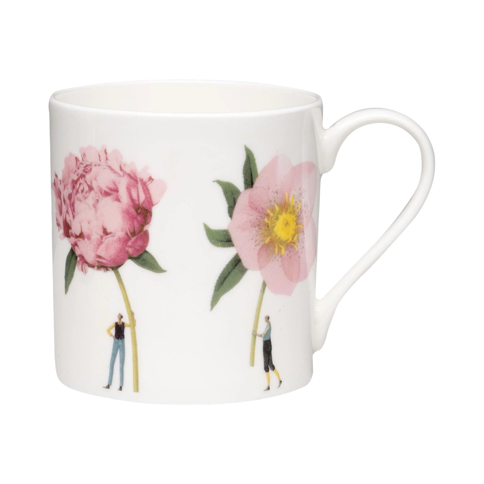 Fine bone china mug decorated with four illustrations of men and ladies holding giant colourful flowers.