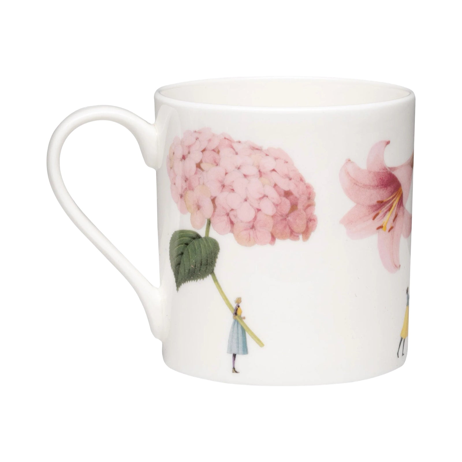 Fine bone china mug decorated with four illustrations of men and ladies holding giant colourful flowers.