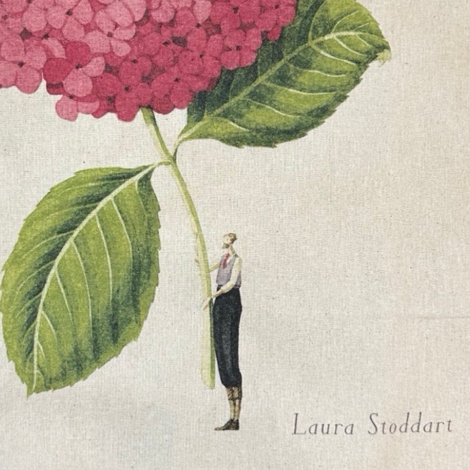 Illustration of a person standing next to a pink flower with green leaves, signed 'Laura Stoddart'.