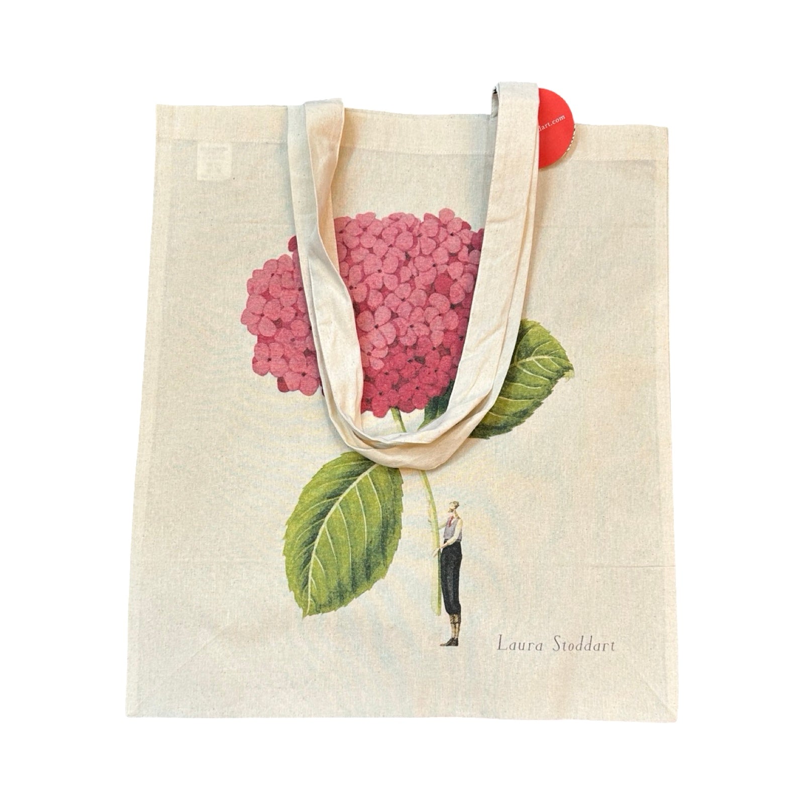 Tote bag featuring a beautiful illustration of a fabulously dressed man holding a giant pink hydrangea. 