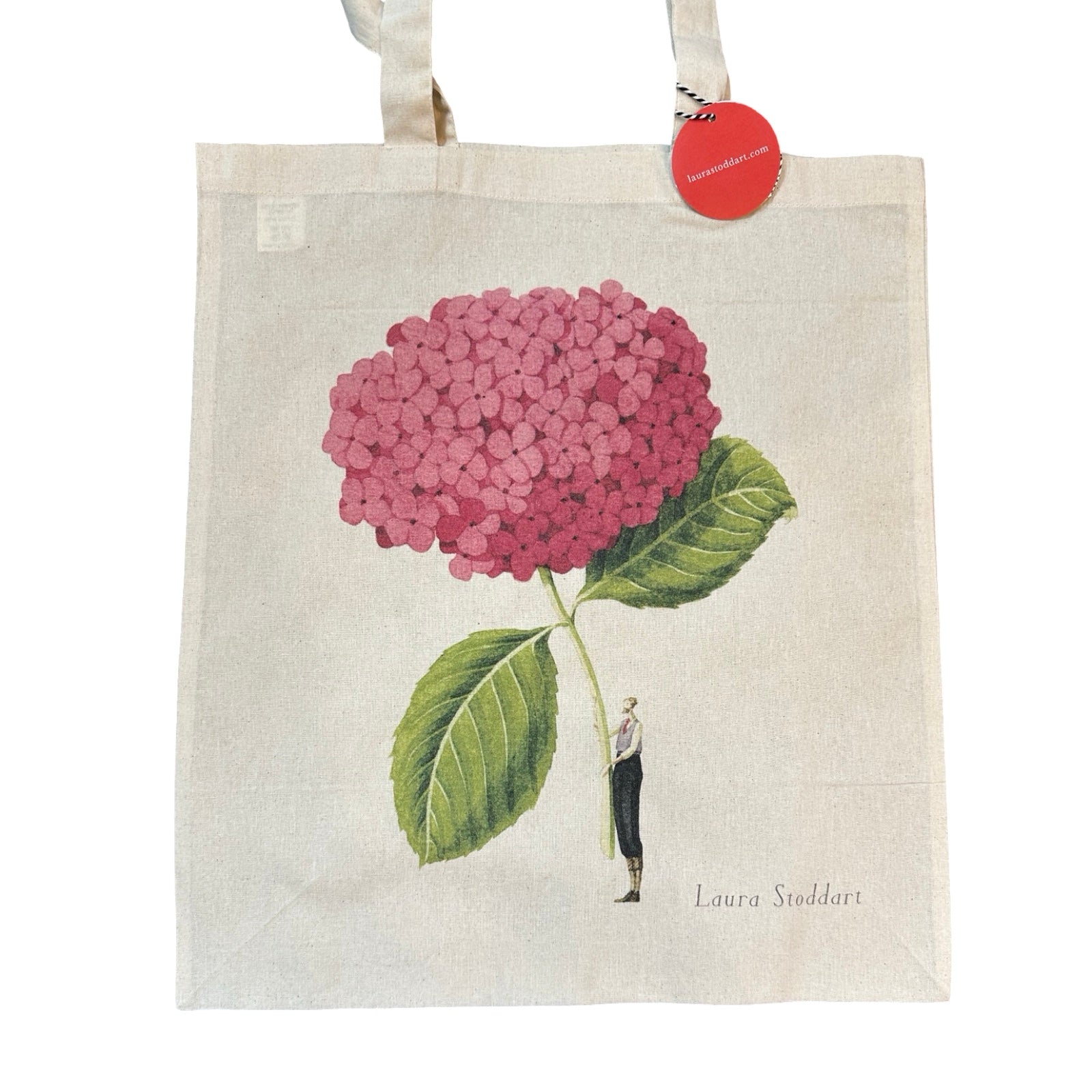 Tote bag featuring a beautiful illustration of a fabulously dressed man holding a giant pink hydrangea. 
