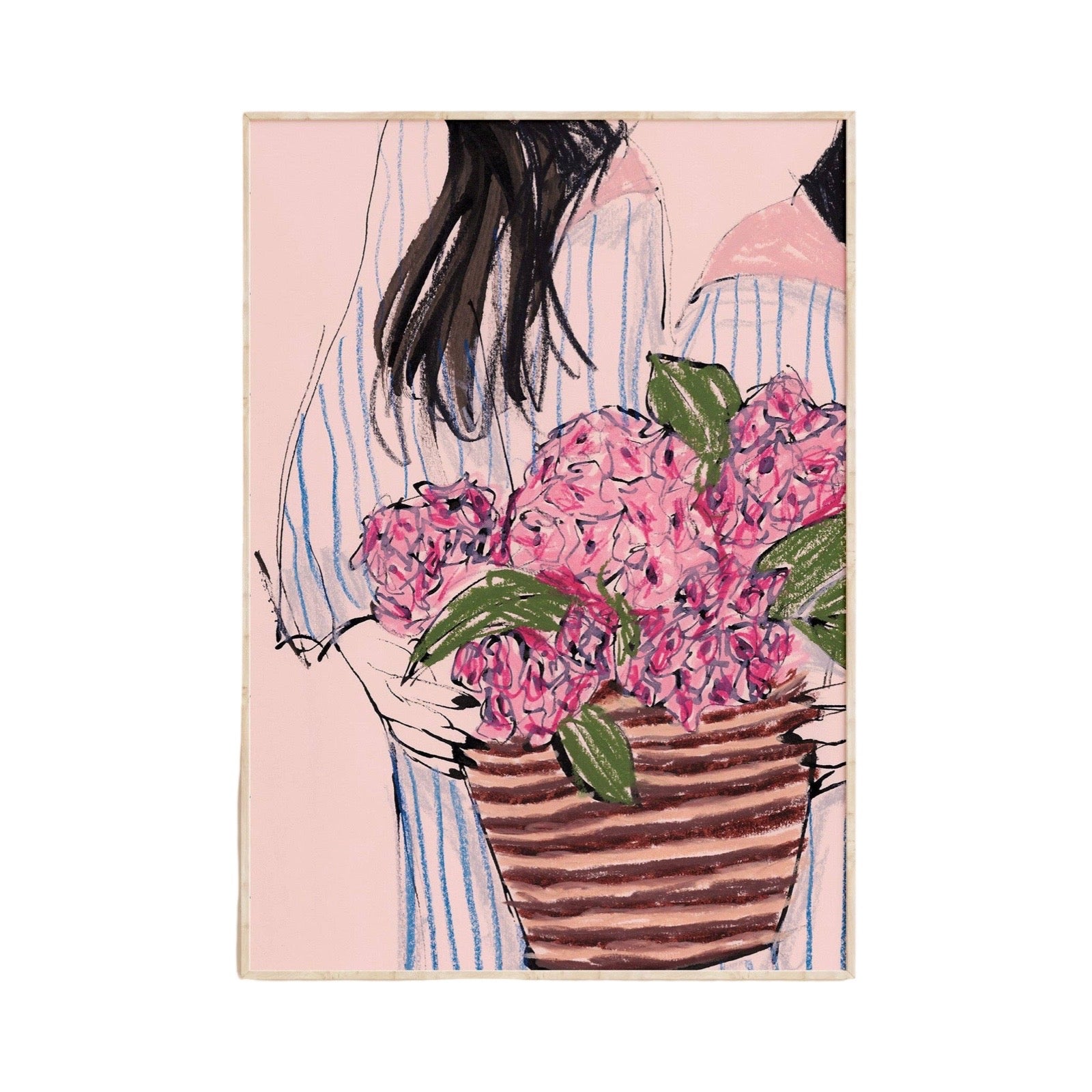 A vertical art print featuring a stylised illustration of a woman in a pink striped shirt holding a large pink flower bouquet in a brown striped basket, set against a light pink background.