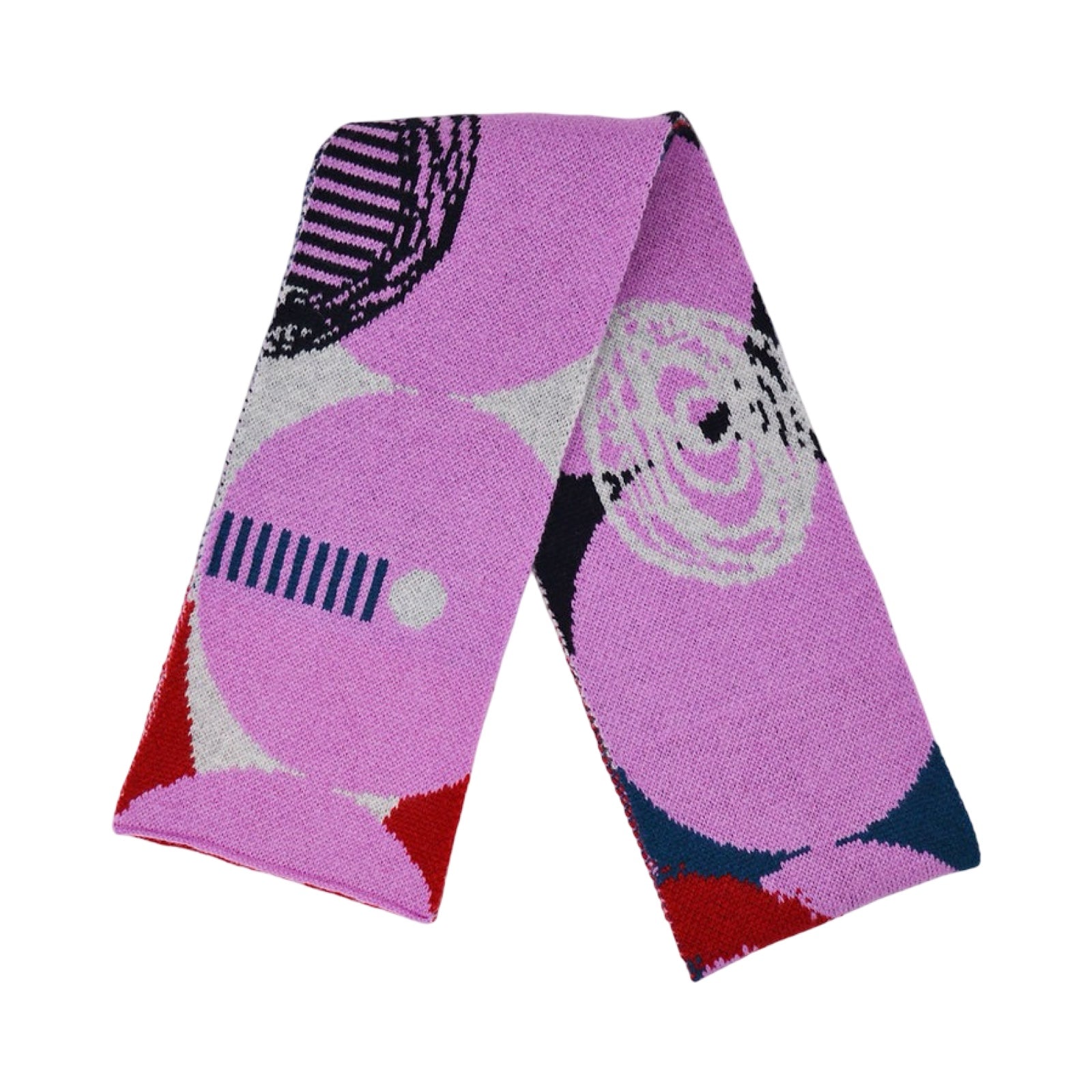 This pink, black and grey lambswool scarf is sure to add some colour to your outfit with its geometric-shaped designs.