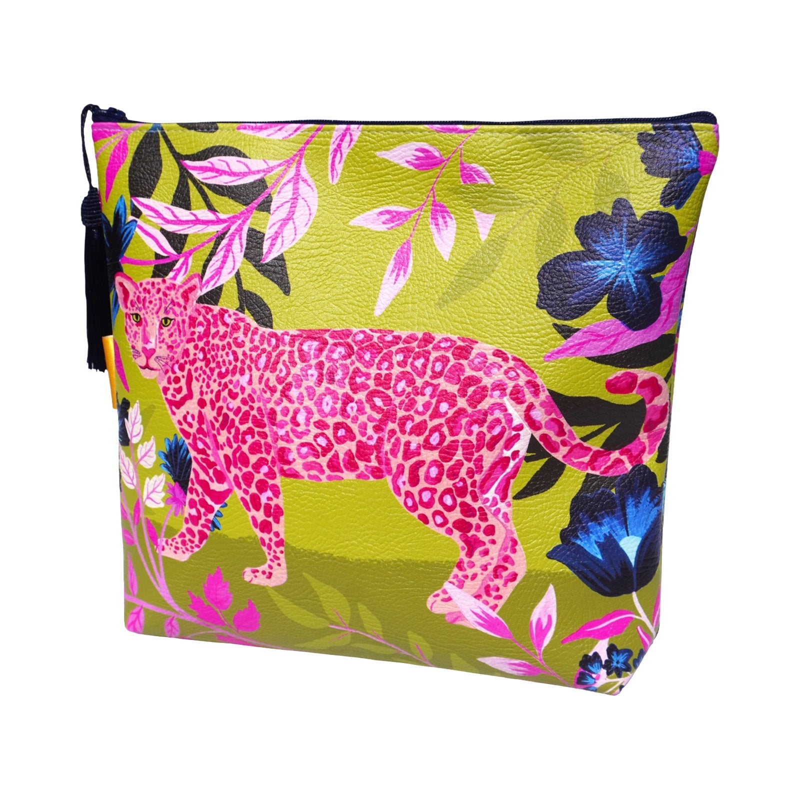 Vegan leather bag with a bright pink leopard surrounded by tropical foliage with a lime green background, and the bag is finished with a fabulous matching tassel on the end of the zip. 