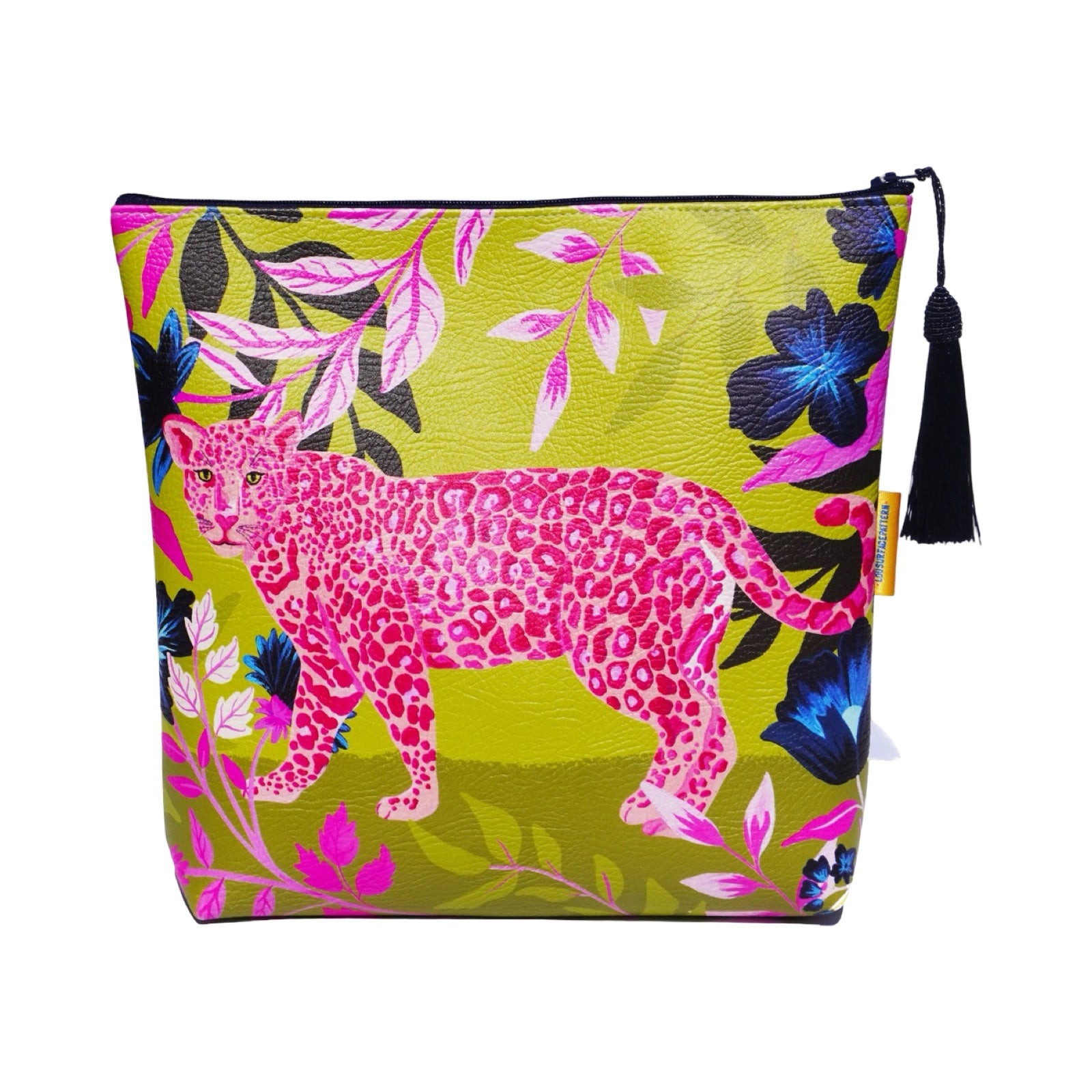 Vegan leather bag with a bright pink leopard surrounded by tropical foliage with a lime green background, and the bag is finished with a fabulous matching tassel on the end of the zip. 