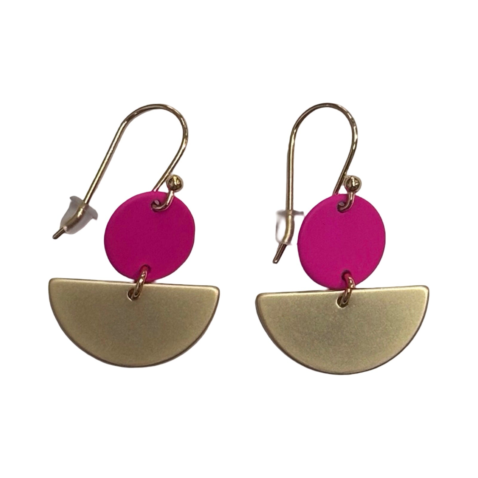 Pair of earrings with pink circular pendants and gold half-circle drops on a white background.