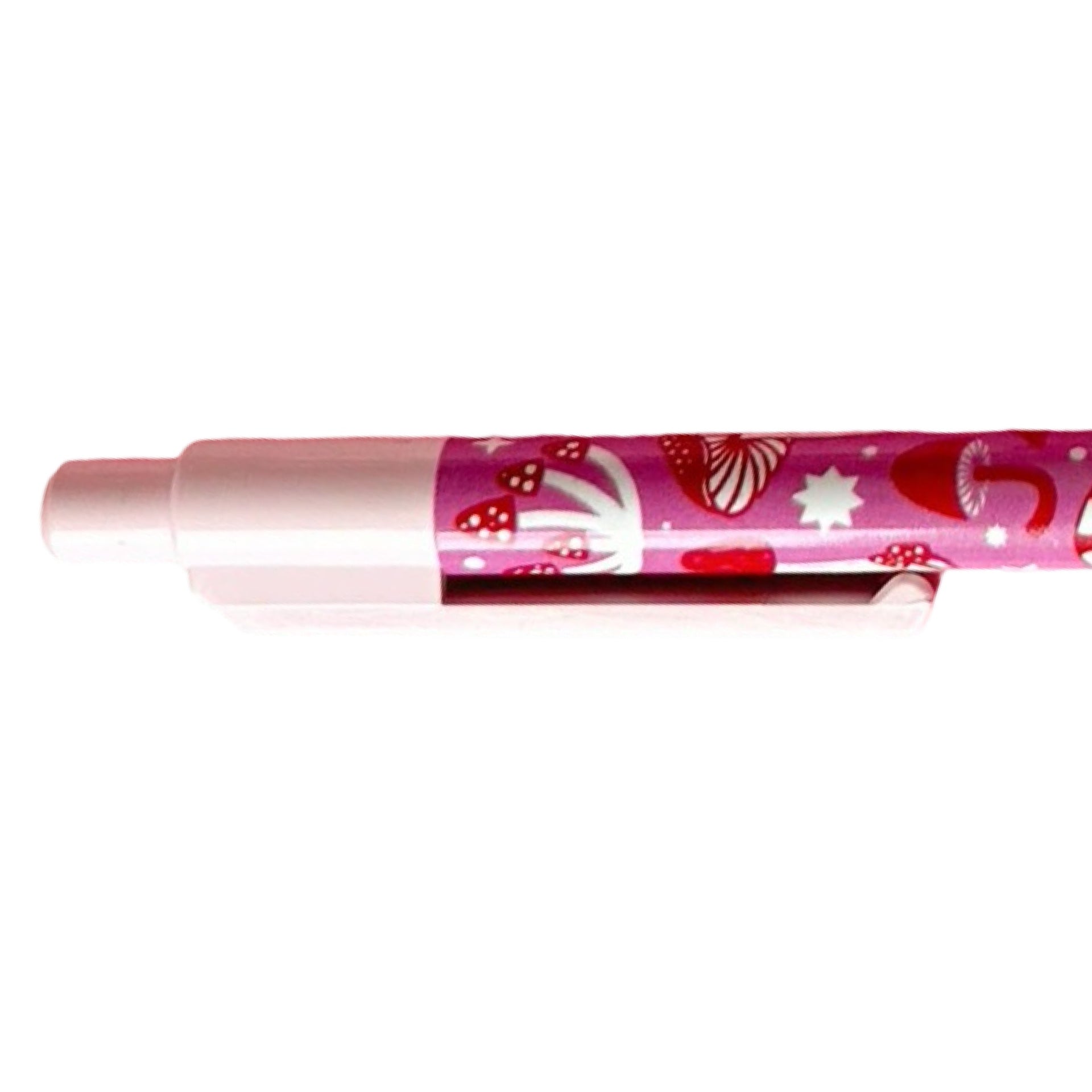 Ballpoint pen with a pink and red mushroom design. 
