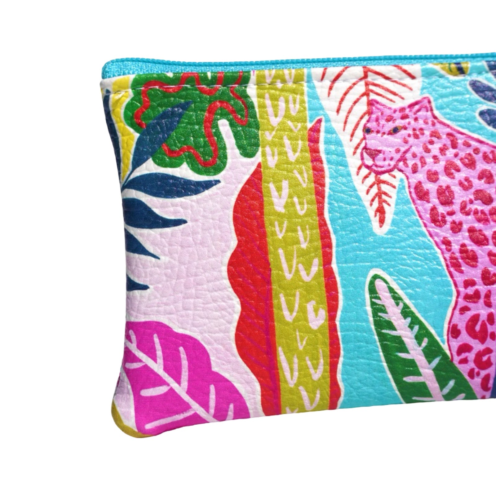 Vegan leather bag with a pink panther surrounded by colourful tropical foliage.