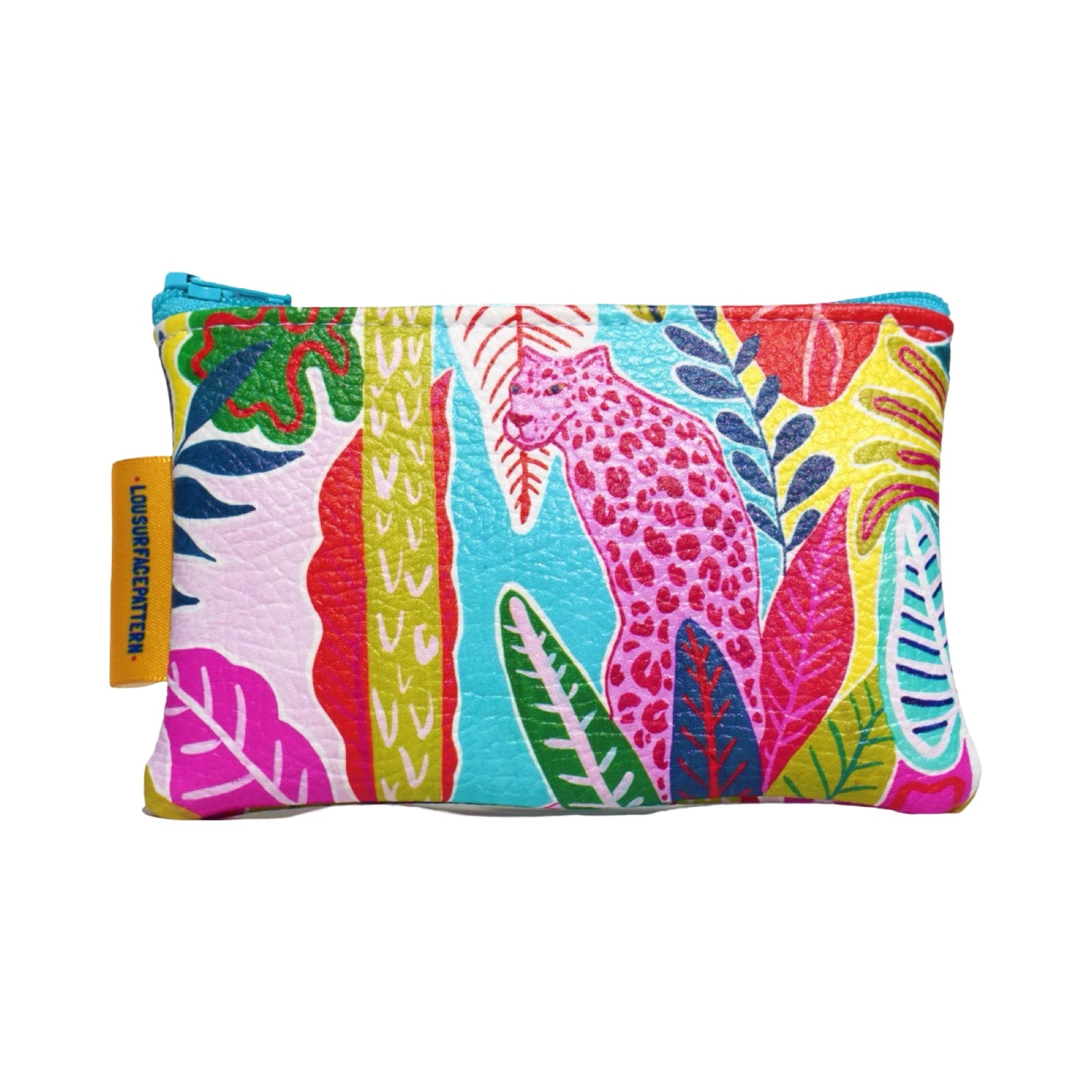 Vegan leather bag with a pink panther surrounded by colourful tropical foliage.