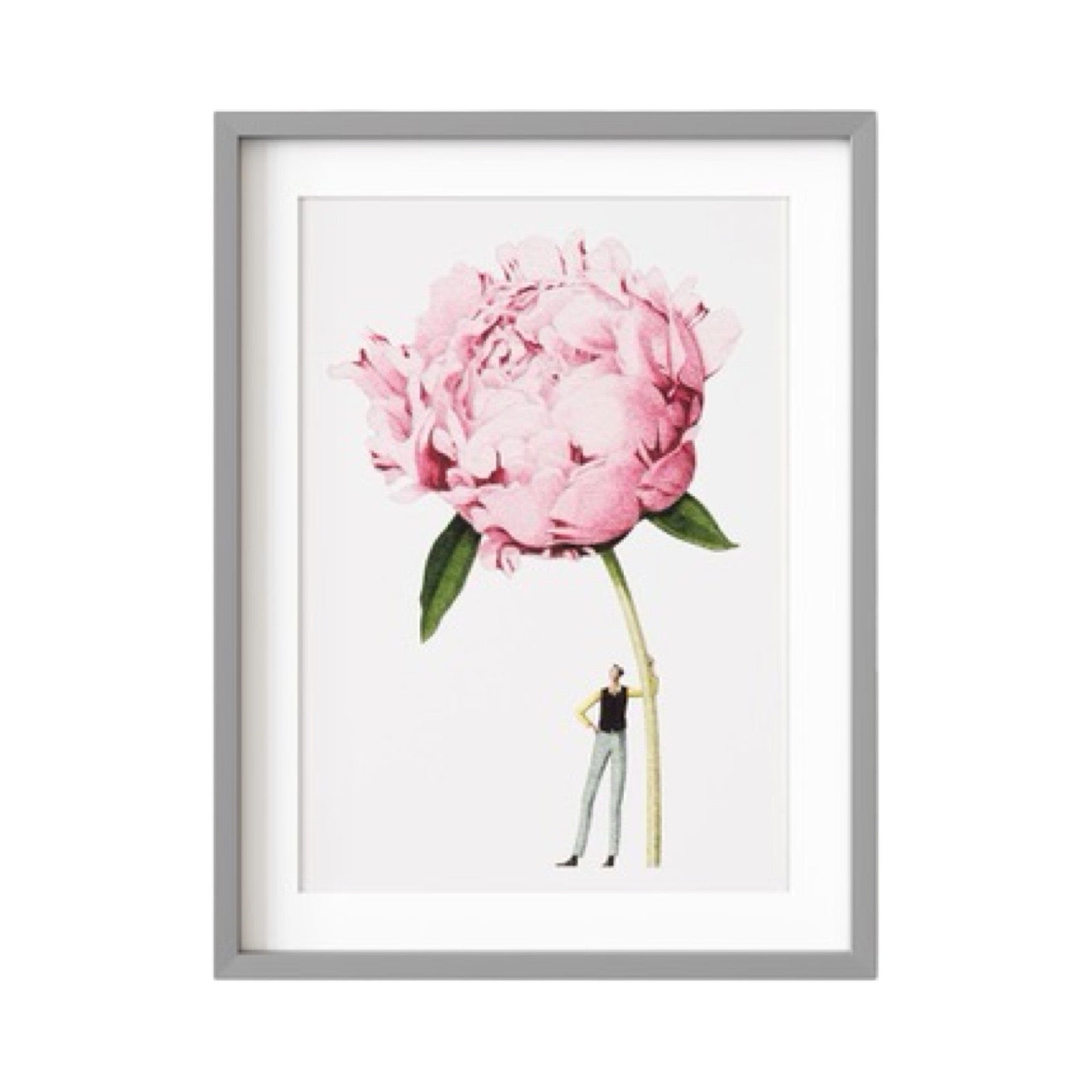 Floral mounted print featuring a beautiful illustration of a fabulously dressed man holding a giant pink peony.