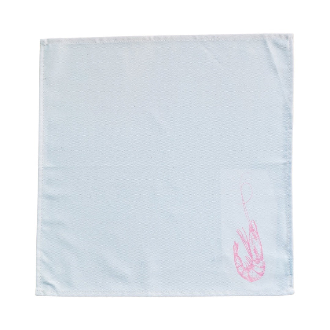 Cream cotton napkin with a pink prawn.