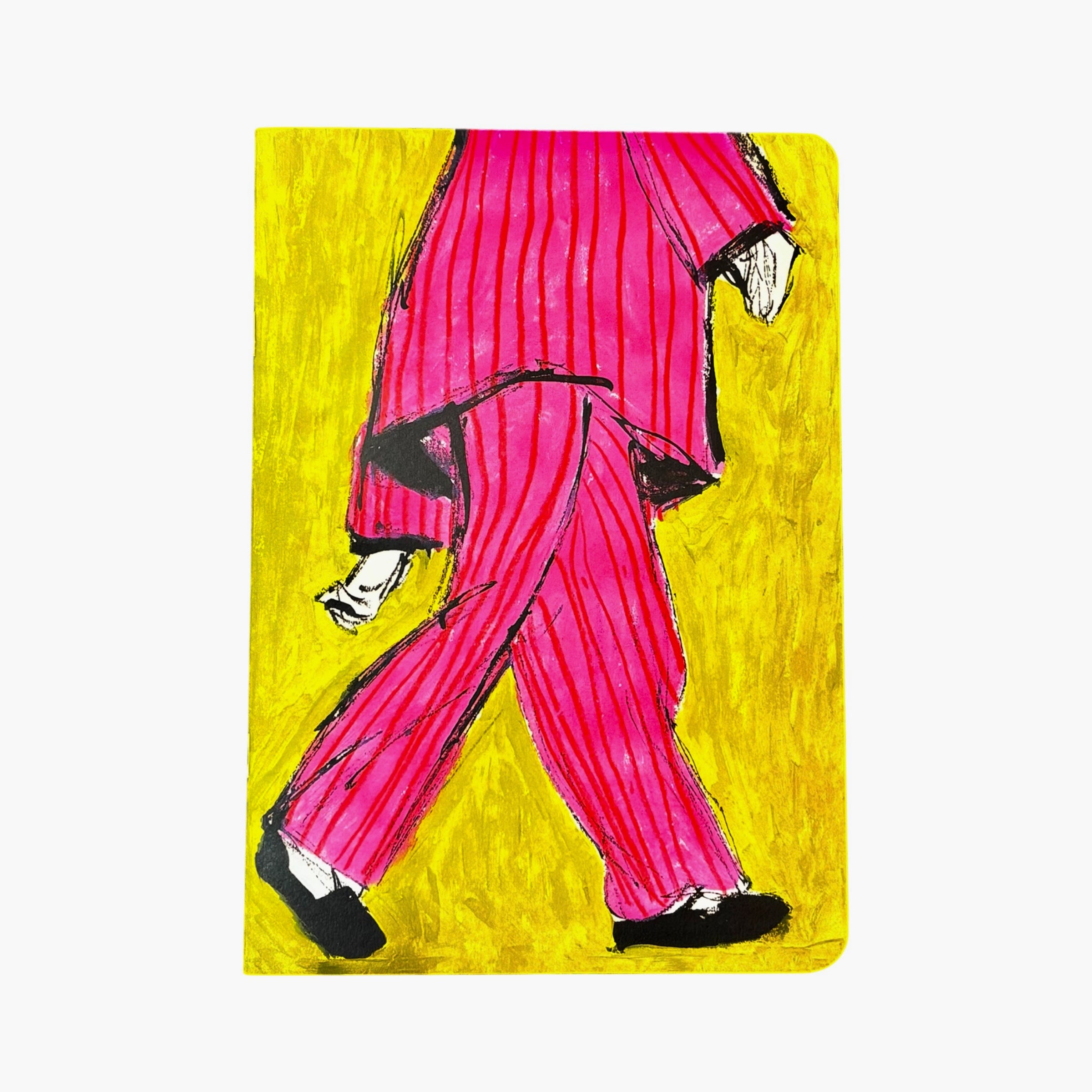 Illustration of a person wearing pink pants and black shoes on a yellow background.