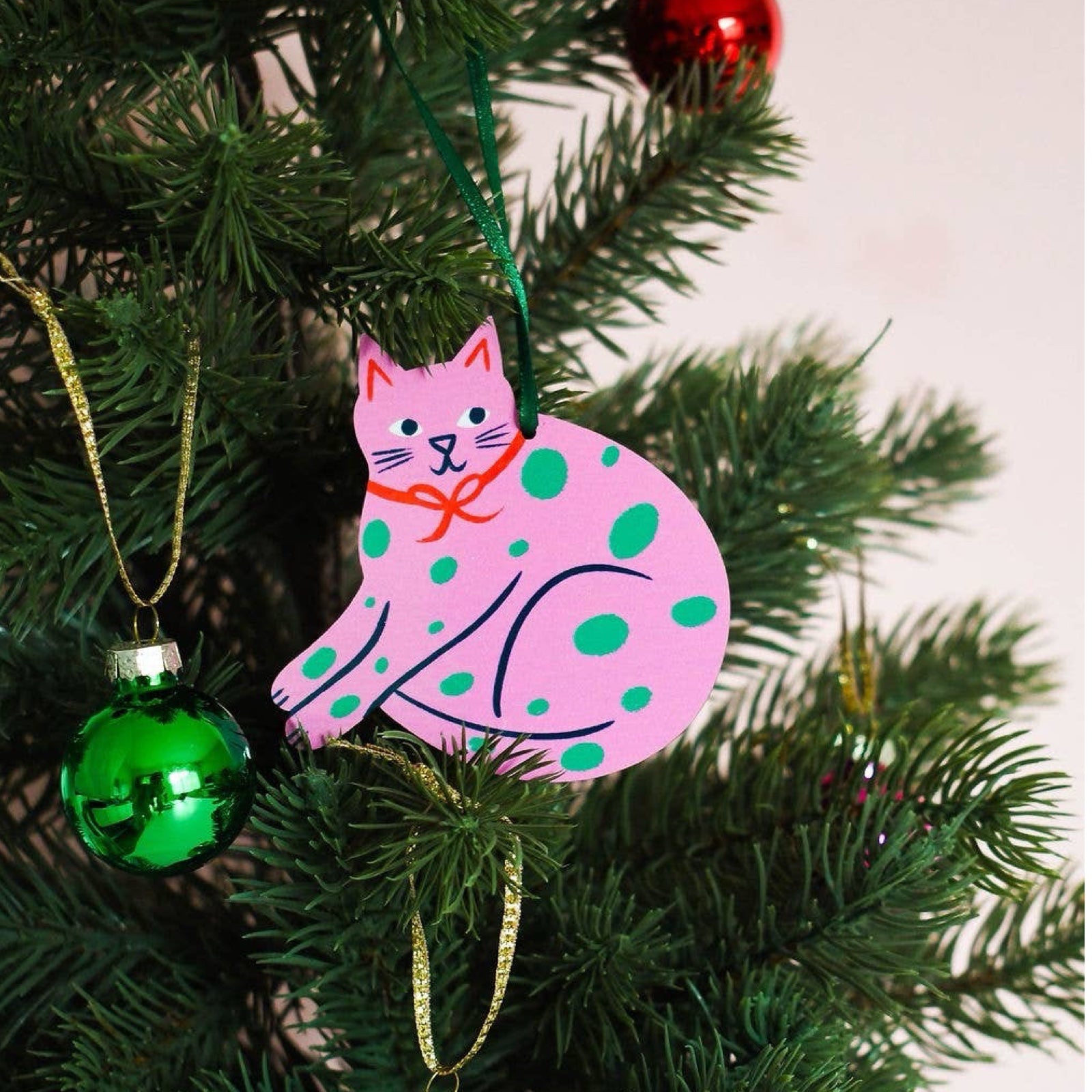 Pink Spotty Cat Wooden Hanging Ornament