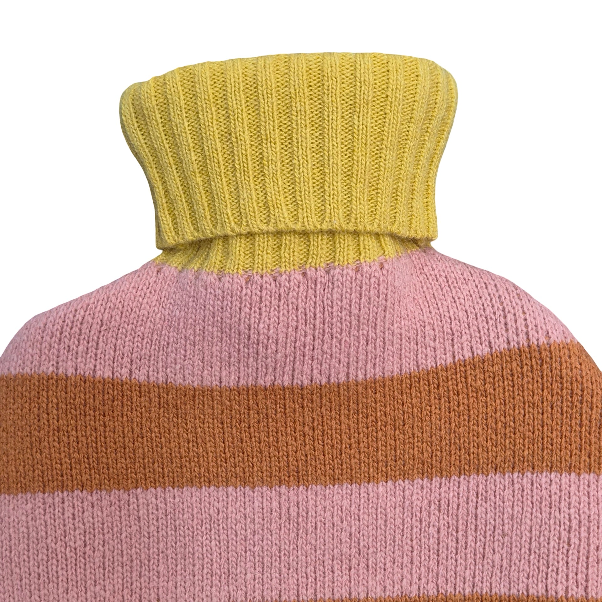 Close-up of a yellow ribbed knit turtleneck hot water bottle with horizontal stripes in pale pink, mustard yellow.