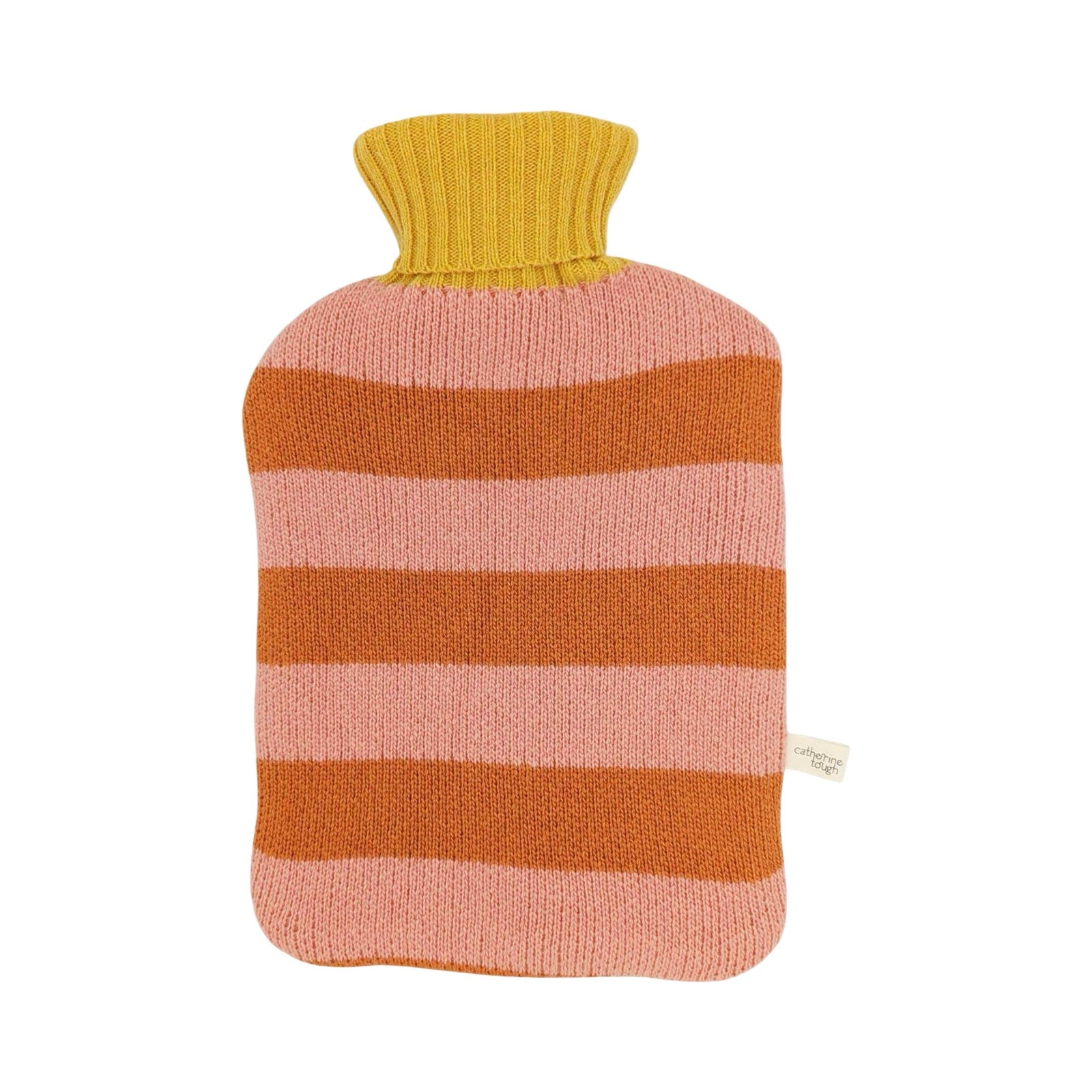 A knitted hot water bottle cover with horizontal stripes in orange and peach, featuring a ribbed yellow neck, shown on a plain white background.