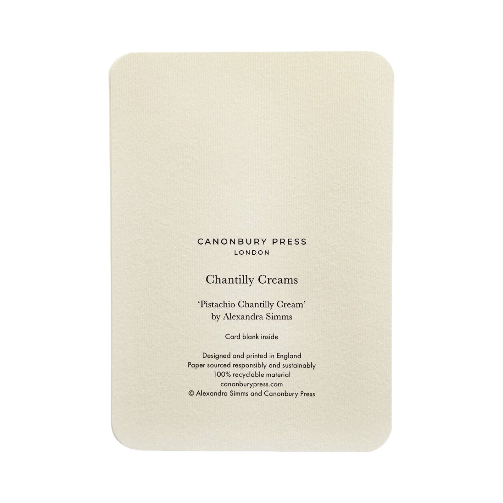 Card with text about Chantilly Creams by Canonbury Press on a white background.