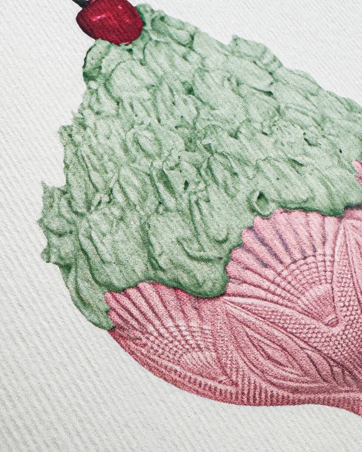 Close-up of a green ice cream cone with pink dish and red cherry on a white background.