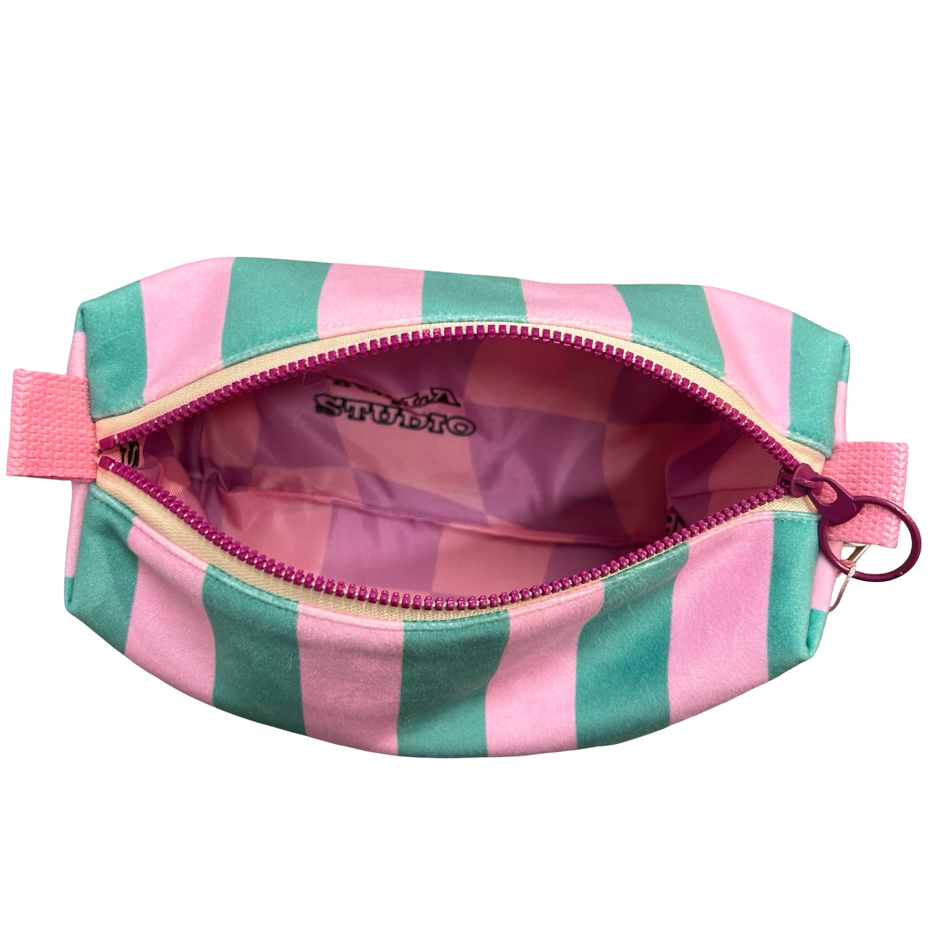 Pink and Teal Velvet Boxy Striped Cosmetic Bag