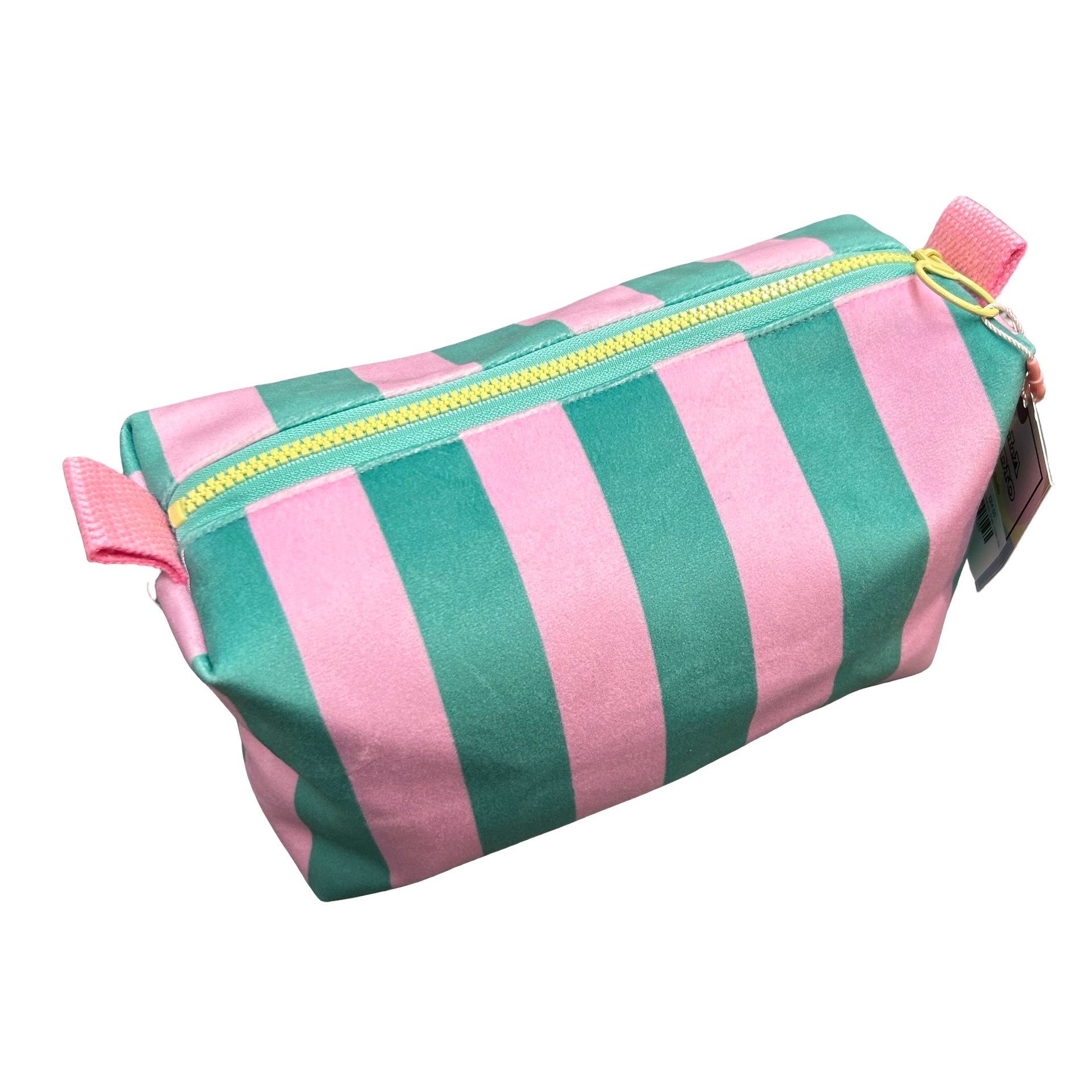 Pink and Teal Velvet Boxy Striped Cosmetic Bag
