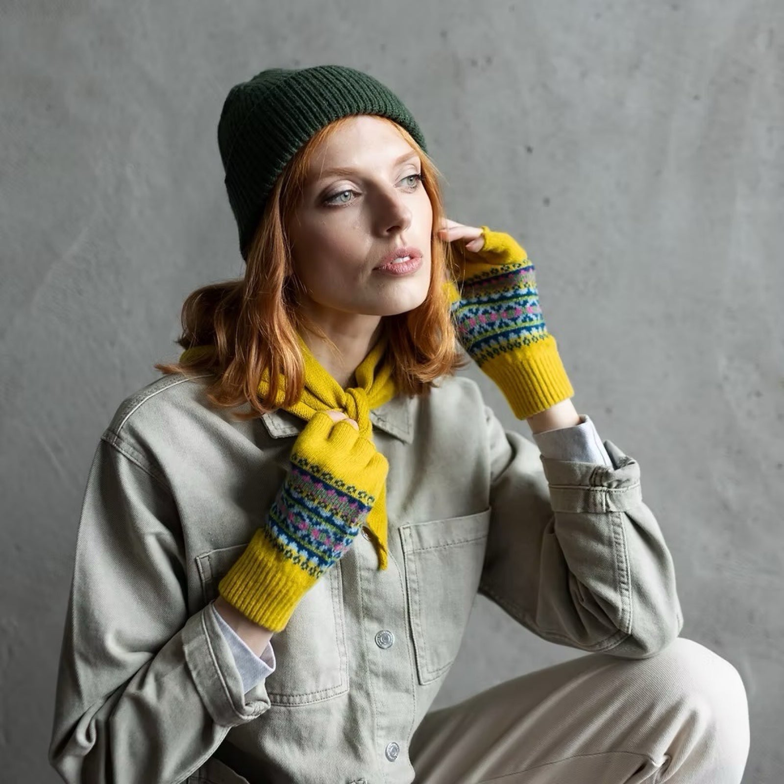 Mustard Land Lambswool Ladies Fingerless Gloves