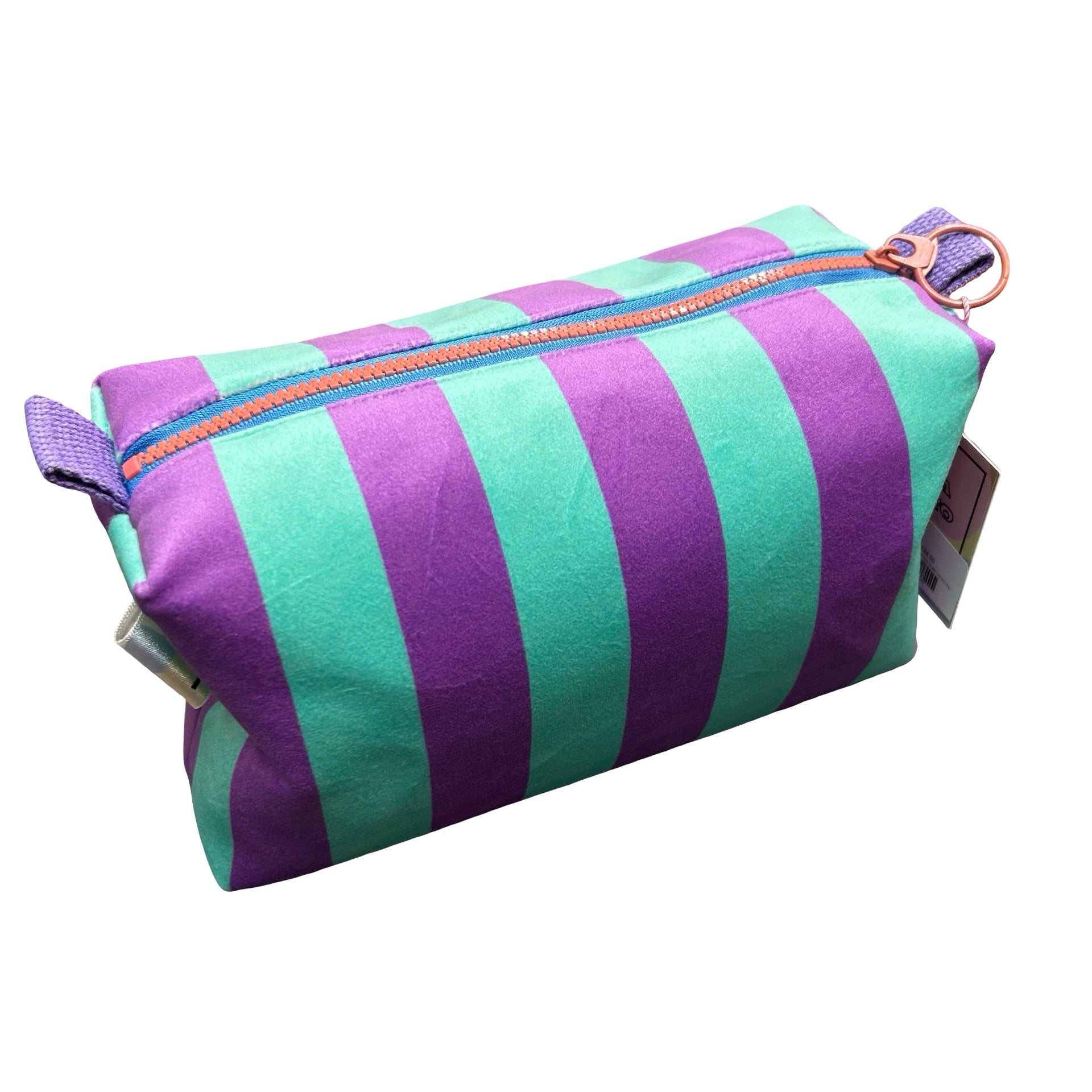 Teal and Purple Velvet Boxy Striped Cosmetic Bag