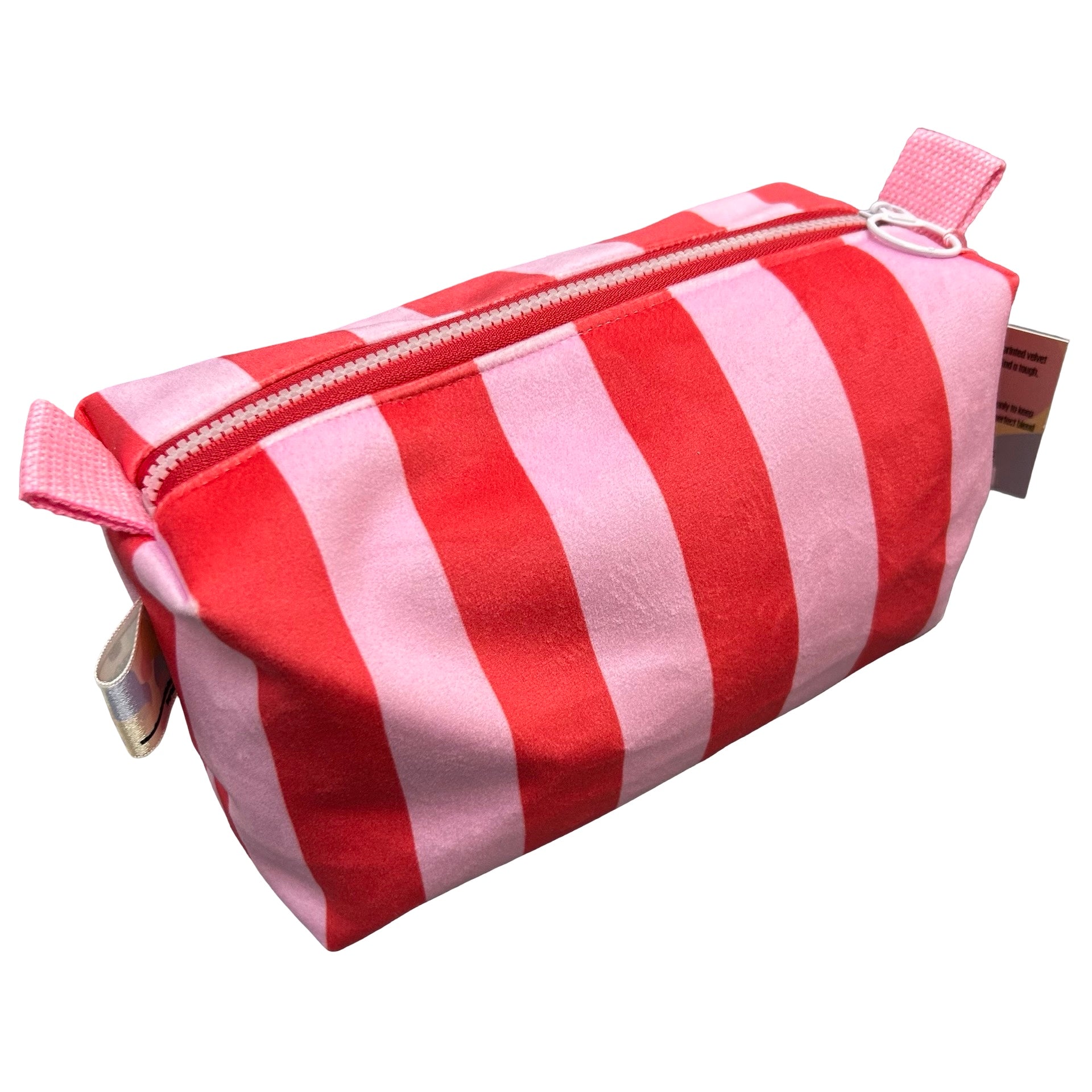 Pink and Red Velvet Boxy Striped Cosmetic Bag