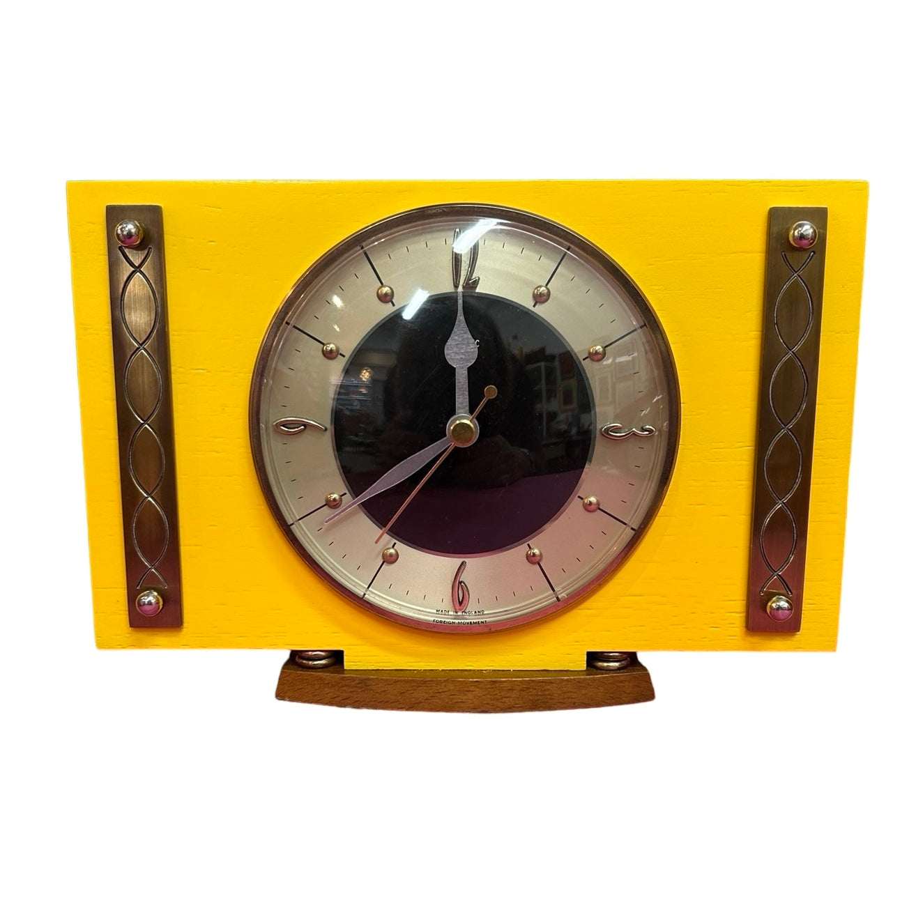 Metamec Clock Upcycled Yellow with Brass and Wood Base