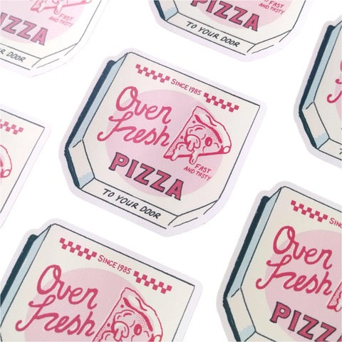 Sticker featuring an illustration of a pizza box. 