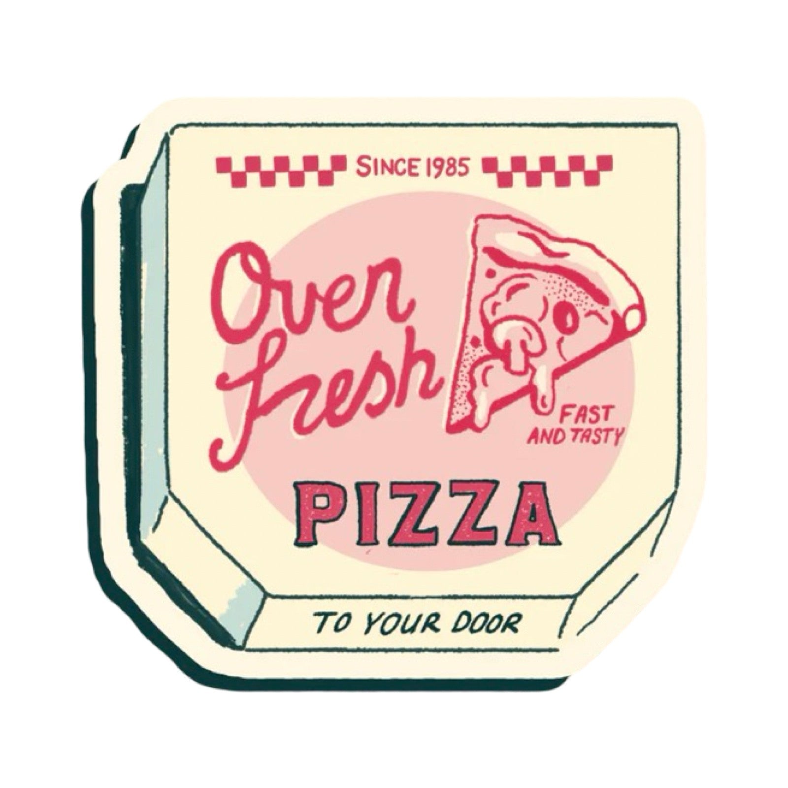 Sticker featuring an illustration of a pizza box. 