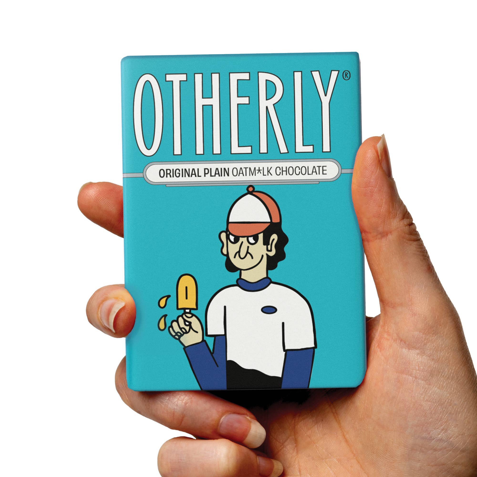 Hand holding a 'Otherly' chocolate bar packaging with a cartoon character on a white background.