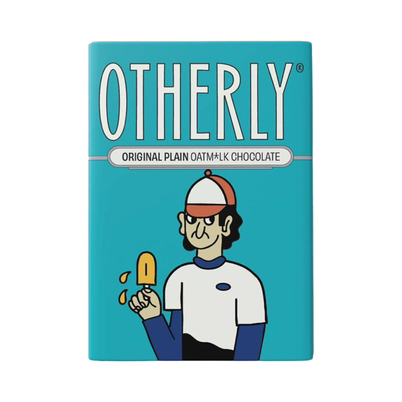 Chocolate packaging with a cartoon character holding a popsicle, branded 'OTHERLY'.