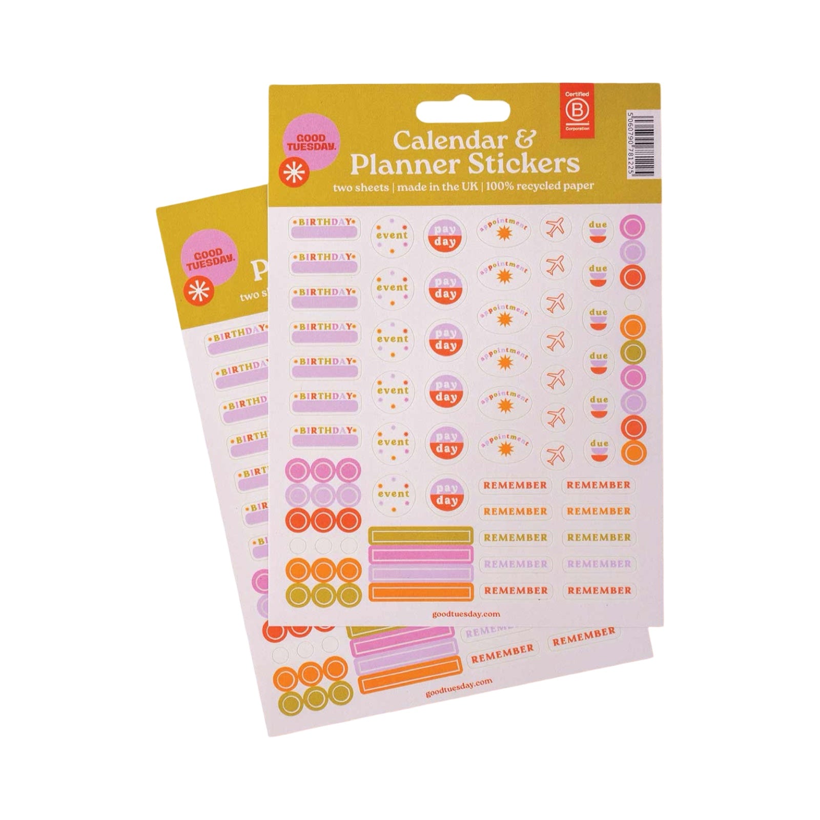 Two sheets of stickers in shades of pink, purple, orange and red  including 'event', 'pay day', 'birthday' and 'remember'.