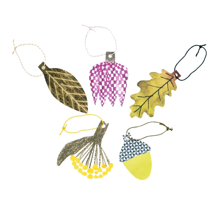 A set of 5 plant-shaped gift tags including a yellow acorn, a pink checked fritillary flower, 2 green leaves and a yellow topped dandelion.