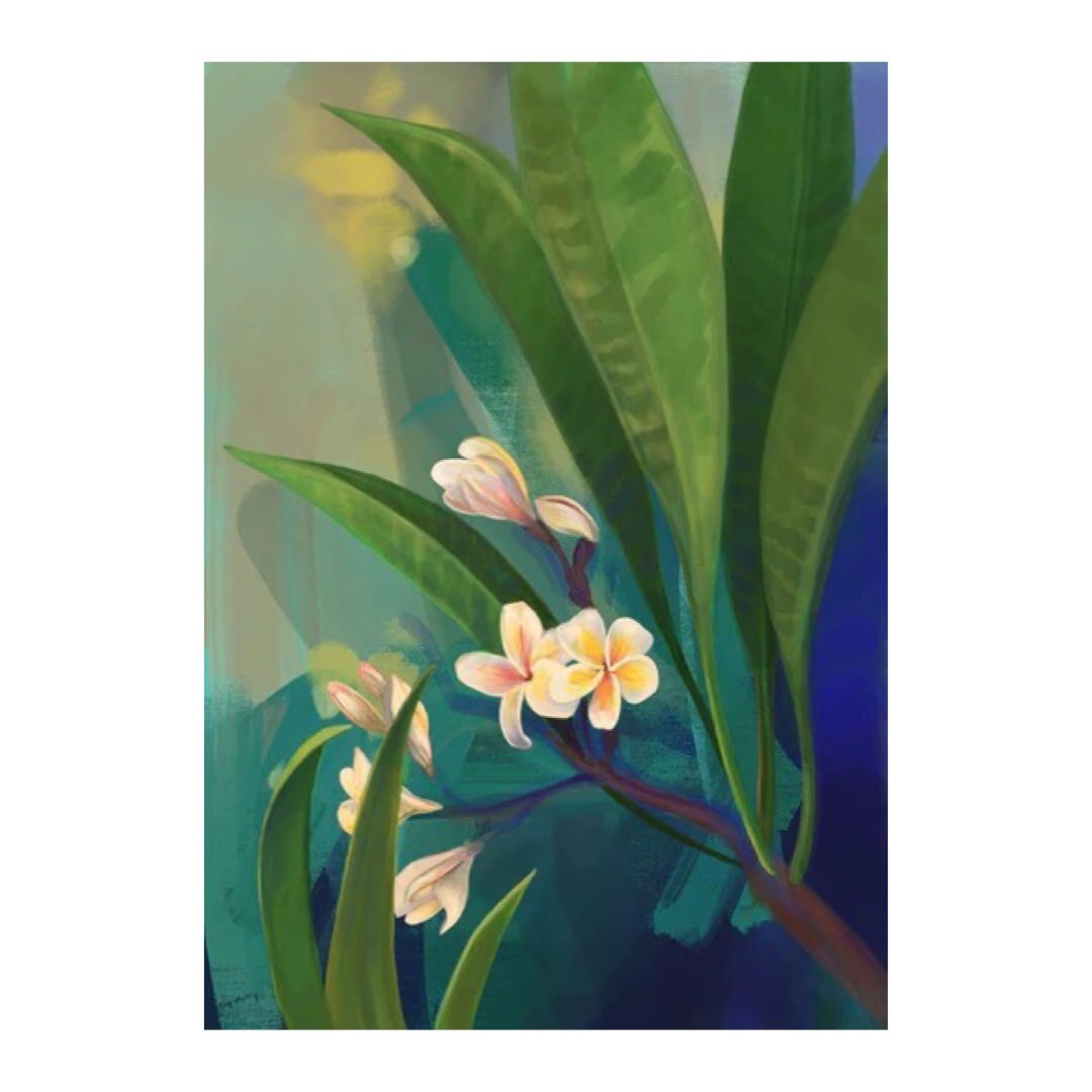 Floral art print featuring cream plumeria flowers and large green leaves. 